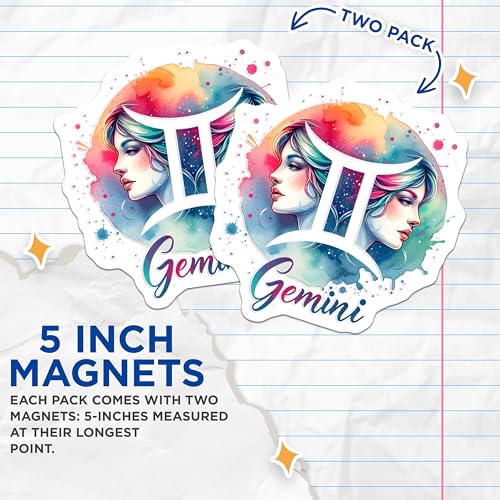 (2 Pack) Gemini Zodiac Magnets - Astrology Magnets - Horoscope Decor - Twins Symbol Magnets - 5" On Longest Side - for Cars, Fridges, Toolboxes - Made in USA - MAG6637