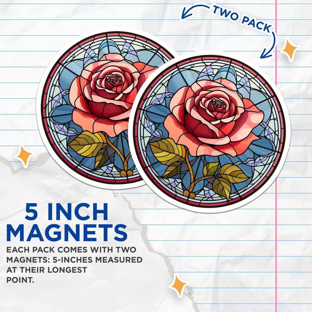 (2 Pack) Faux Stained Glass Rose Magnets - Art Nouveau Floral Decor - Botanical Fridge Accents - 5 Inches On Longest Side - Thick Durable Magnet - Made in USA - MAG37198