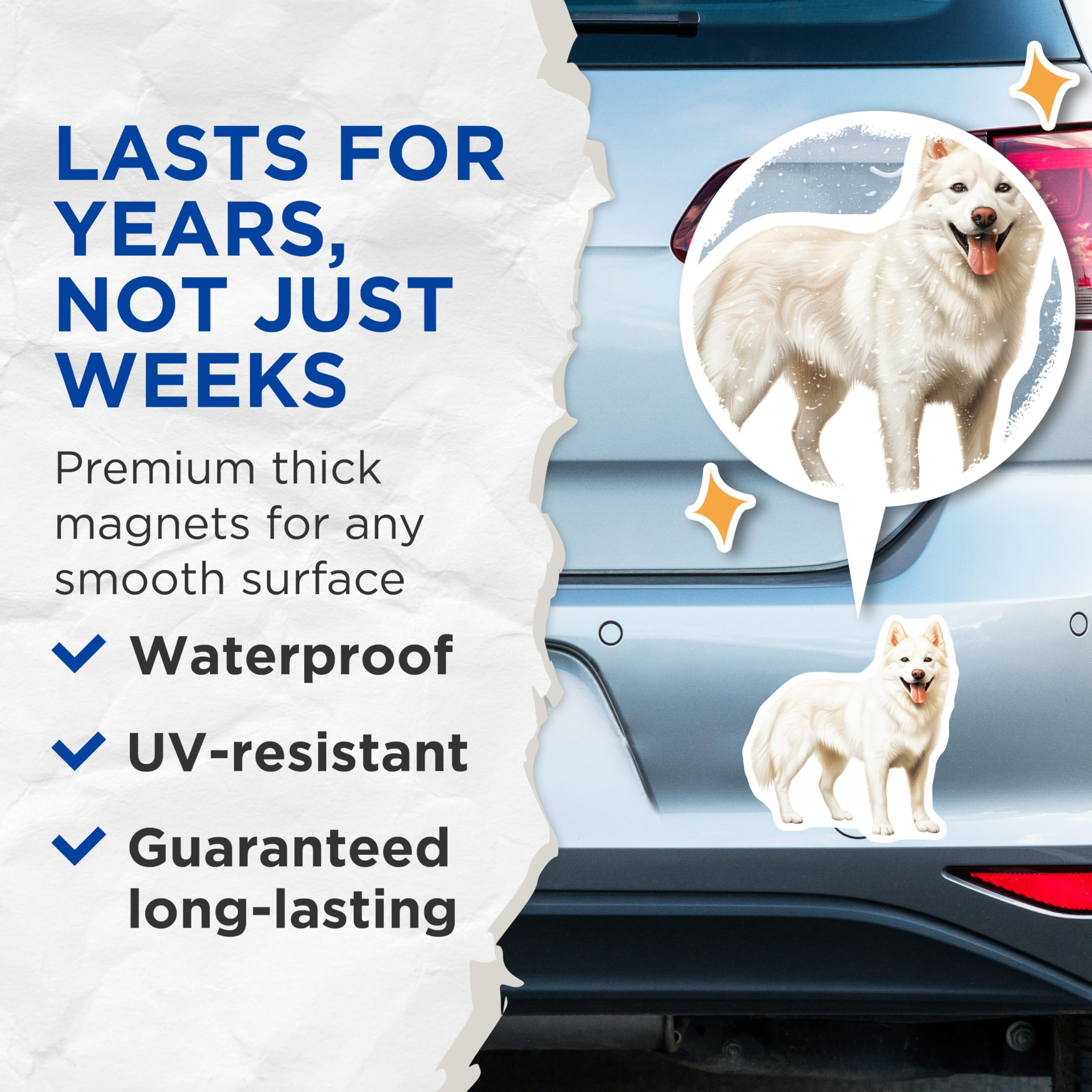 (2 Pack) White Fluffy Dog Magnets - Happy Samoyed Art - Dog Mom Refrigerator Decor - 5 Inches On Longest Side - Thick Durable Magnet - Made in USA - MAG30632