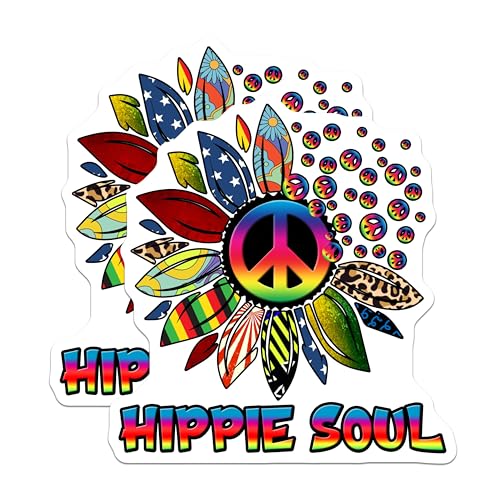 (2 Pack) Peace Sign Hippie Soul Stickers - Flower Power Vibes Stickers - Retro Colorful Stickers - 5" On Longest Side - Sticks to Smooth Flat Surfaces - Made in USA - BMCS4727