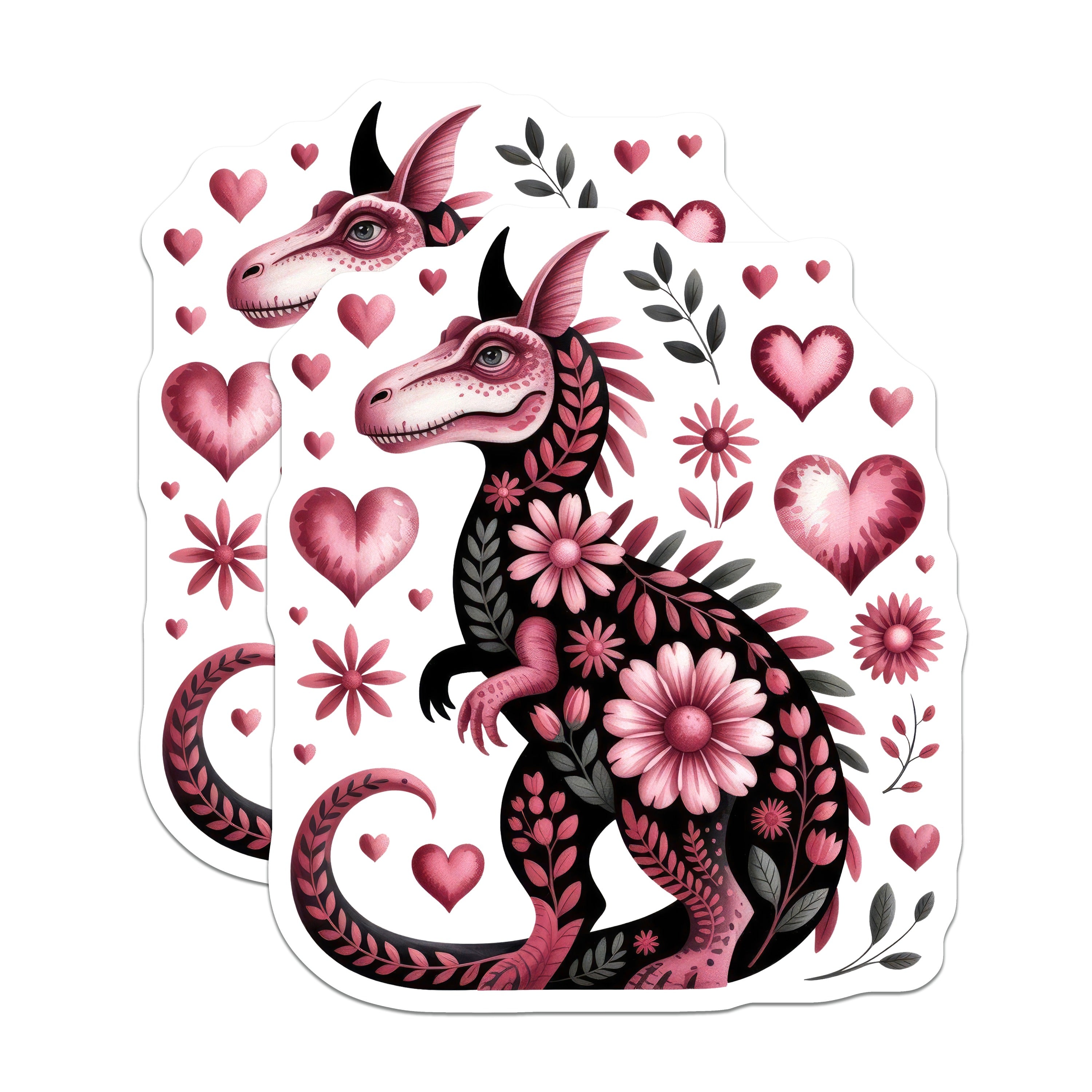 (2 Pack) Whimsical Dinosaur Magnets - Floral Pink Dino Decor - Cute Creature Fridge Art - 5 Inches On Longest Side - Thick Durable Magnet - Made in USA - MAG36329
