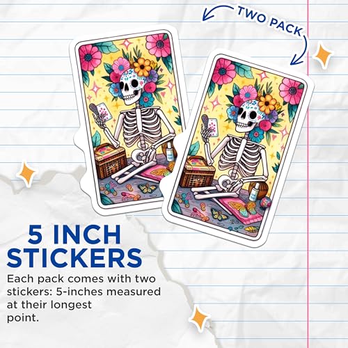 (2 Pack) Colorful Skeleton Art Stickers - Day of The Dead Decor - Unique Floral Skull - 5" On Longest Side - Sticks to Smooth Flat Surfaces - Made in USA - BMCS9417