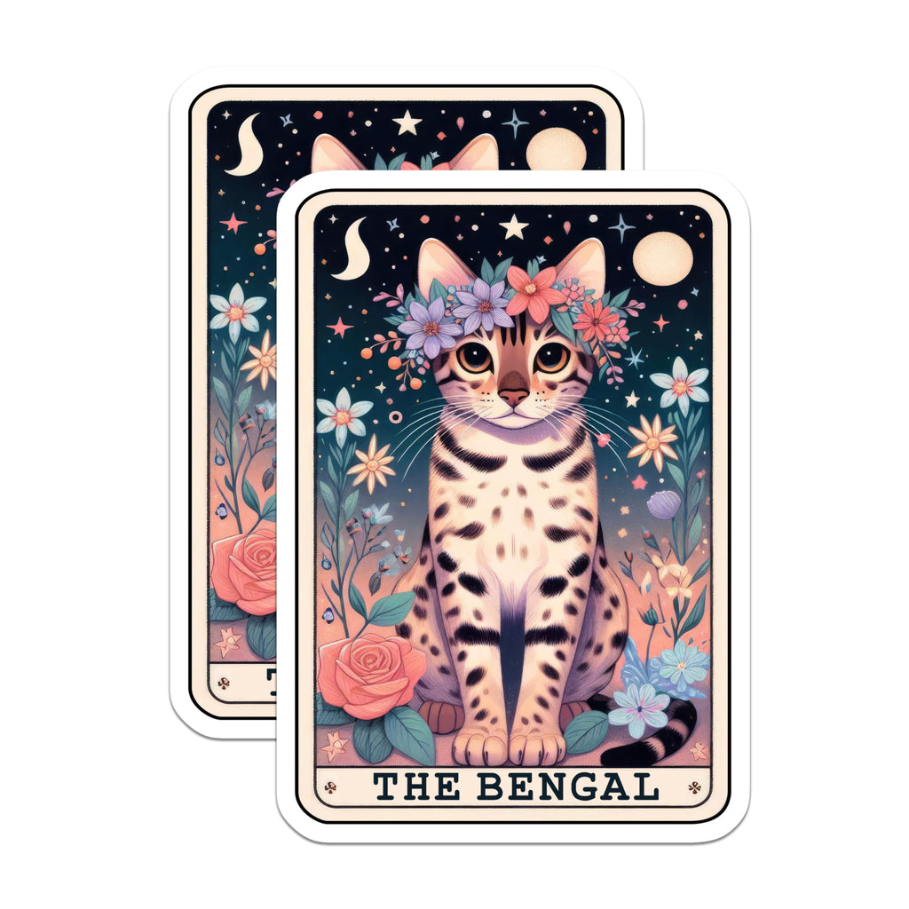 (2 Pack) Bengal Cat Stickers - Cute Cat Flower Crown Stickers - Whimsical Kitty Art Decals - 5" On Longest Side - Sticks to Smooth Flat Surfaces - Made in USA - BMCS4772