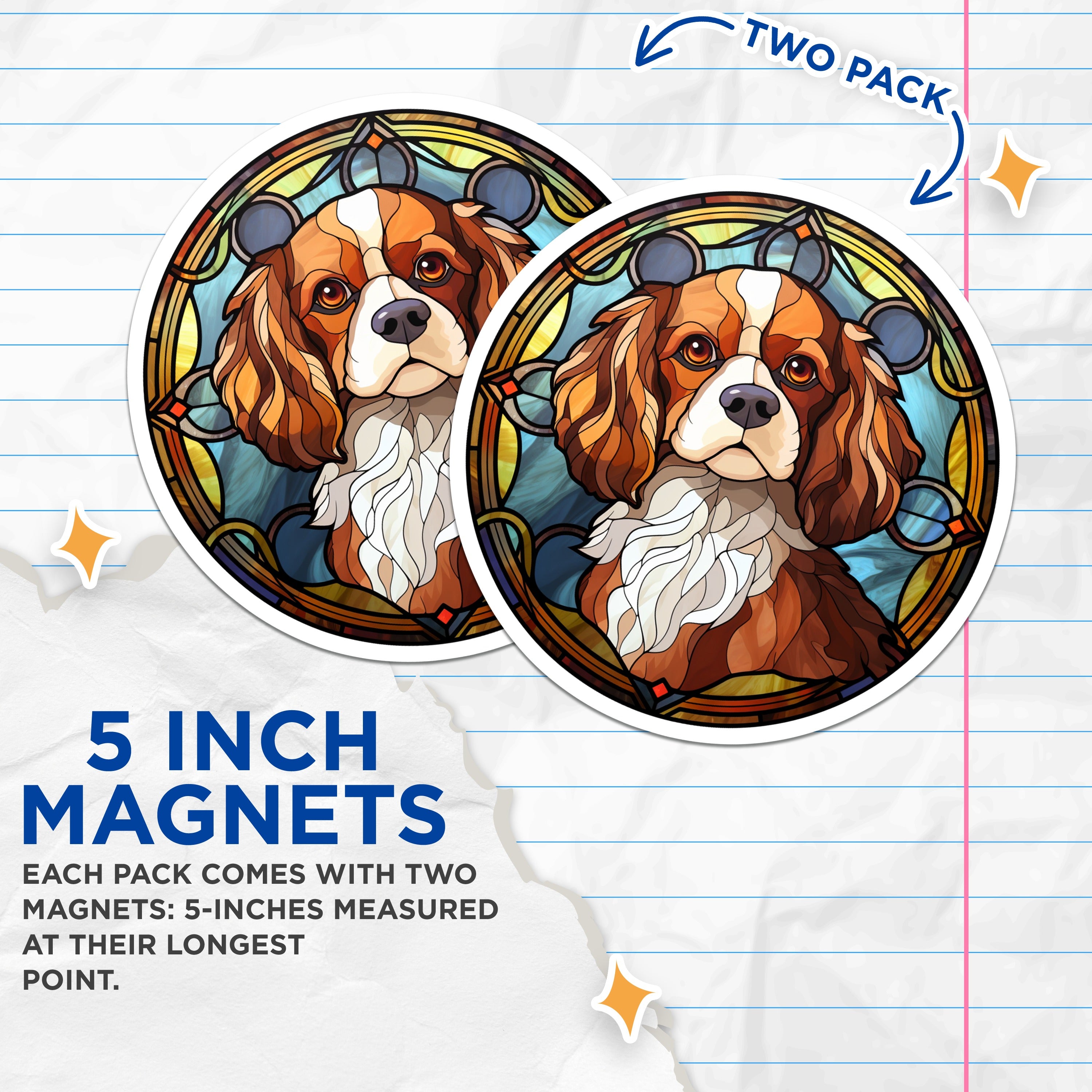 (2 Pack) Cavalier King Charles Spaniel Magnets - Faux Stained Glass Dog Art - Pet Lover Fridge Decor - 5 Inches On Longest Side - Thick Durable Magnet - Made in USA - MAG37564