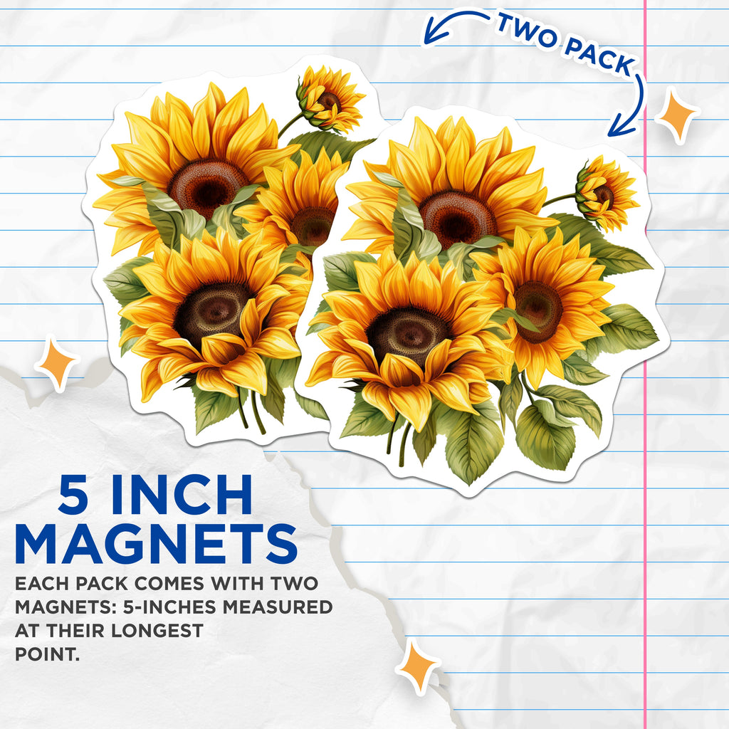 (2 Pack) Sunflower Magnets - Floral Kitchen Accent - Bright Botanical Refrigerator Art - 5 Inches On Longest Side - Thick Durable Magnet - Made in USA - MAG36343