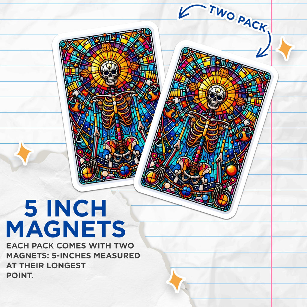 (2 Pack) Stained Glass Skeleton Magnets - Vibrant Colorful Skull Art - Celestial Psychedelic Peace Sign Mandala Decor - 5 Inches On Longest Side - Thick Durable Magnet - Made in USA - MAG21340