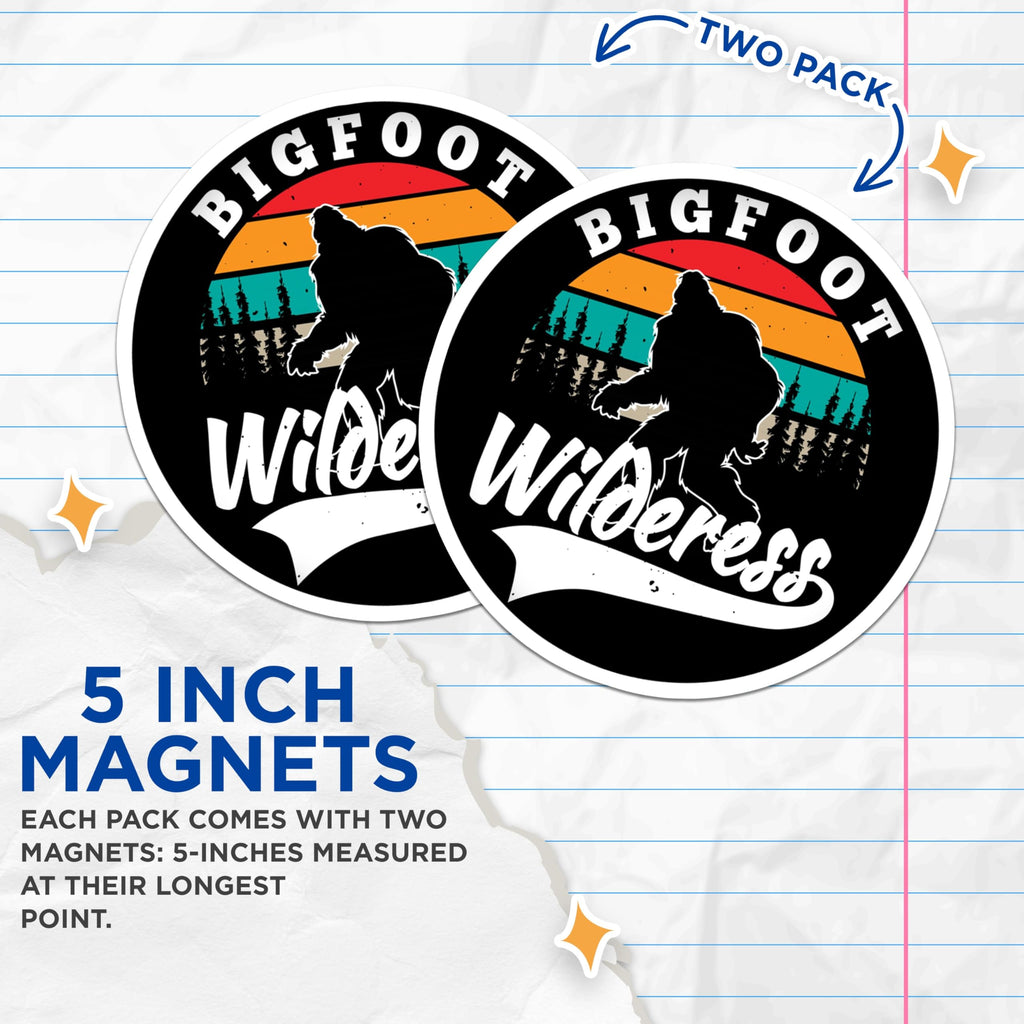 (2 Pack) Bigfoot Wilderness Magnets - Sasquatch Forest Retro Design - Cryptid Outdoor Legend Explorer Adventure Decals Decor - 5 Inches On Longest Side - Thick Durable Magnet - Made in USA - MAG24080