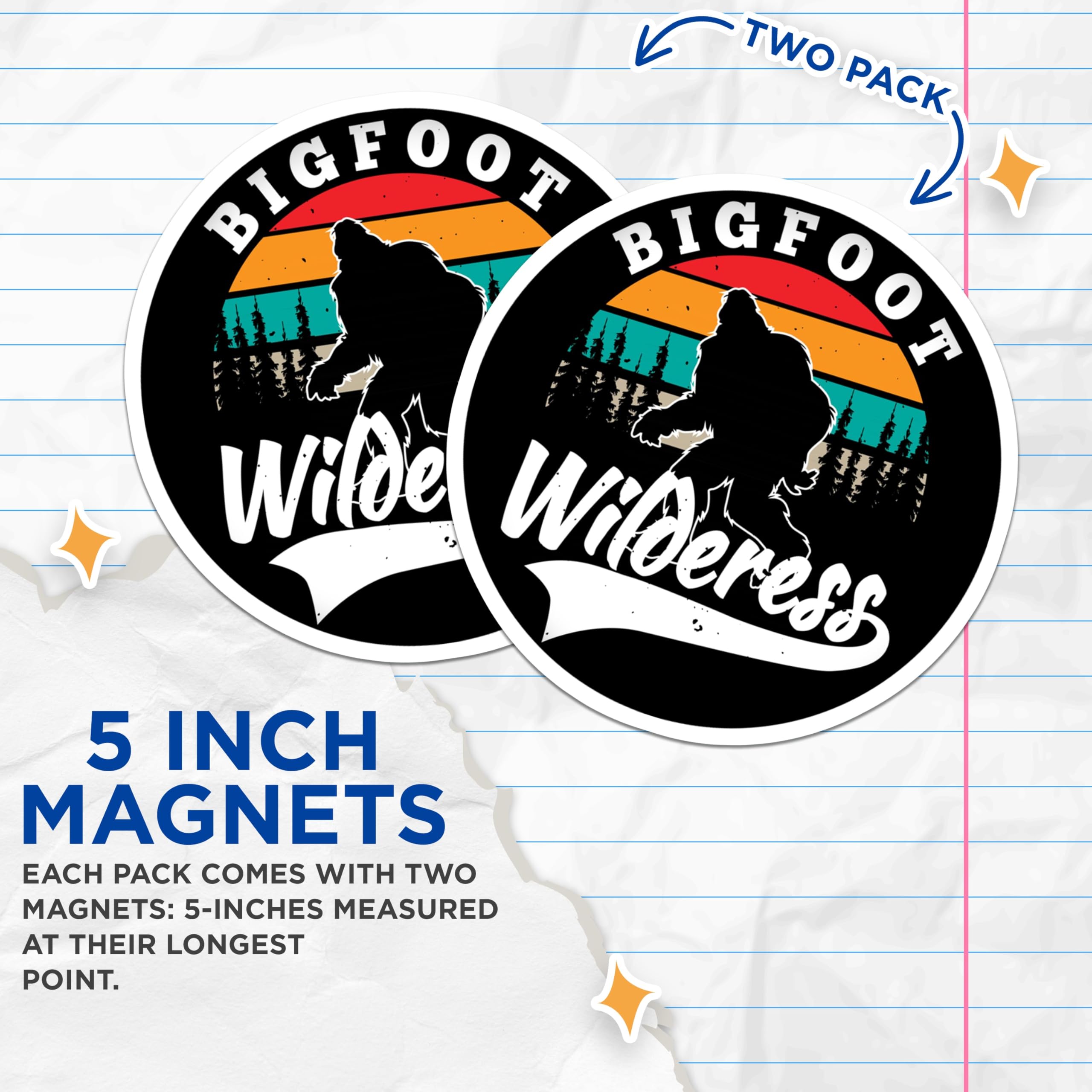 (2 Pack) Bigfoot Wilderness Magnets - Sasquatch Forest Retro Design - Cryptid Outdoor Legend Explorer Adventure Decals Decor - 5 Inches On Longest Side - Thick Durable Magnet - Made in USA - MAG24080