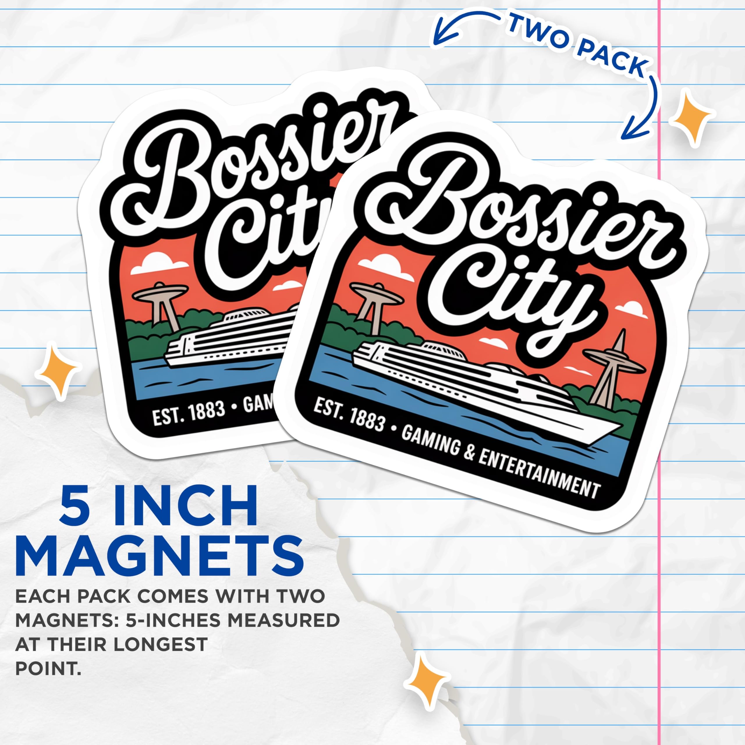 (2 Pack) Bossier City Louisiana Magnets - Riverboat - Gaming Entertainment Souvenir - 5" On Longest Side - Premium Magnet - for Cars, Refrigerators, Toolboxes, Lockers - Made in USA - MAG17342