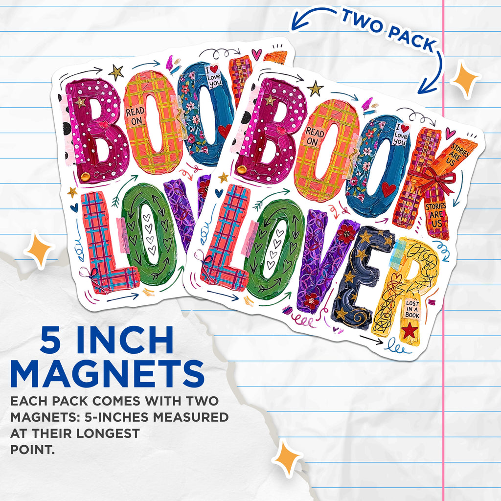 (2 Pack) Book Lover Magnets - Reader Literary Decor - Bibliophile Art Fridge Accent - Teacher Appreciation Present - 5 Inches On Longest Side - Thick Durable Magnet - Made in USA - MAG36015
