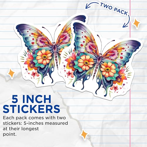 (2 Pack) Colorful Butterfly Stickers - Floral Butterfly Decals - Vibrant Floral Butterfly Stickers - 5" On Longest Side - Sticks to Smooth Flat Surfaces - Made in USA - BMCS3985