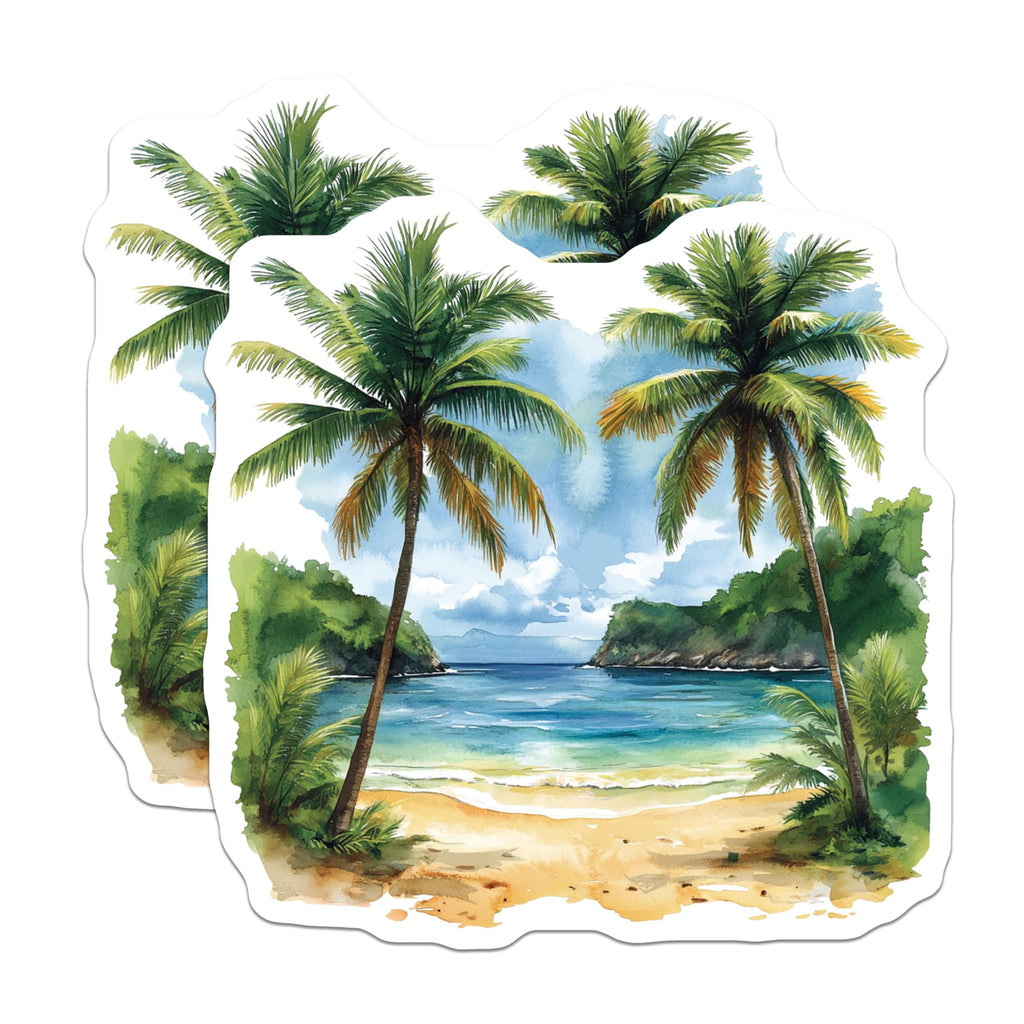 (2 Pack) Watercolor Tropical Beach Magnets - Palm Tree Island Decor - Serene Ocean View Art - 5 Inches On Longest Side - Thick Durable Magnet - Made in USA - MAG24033