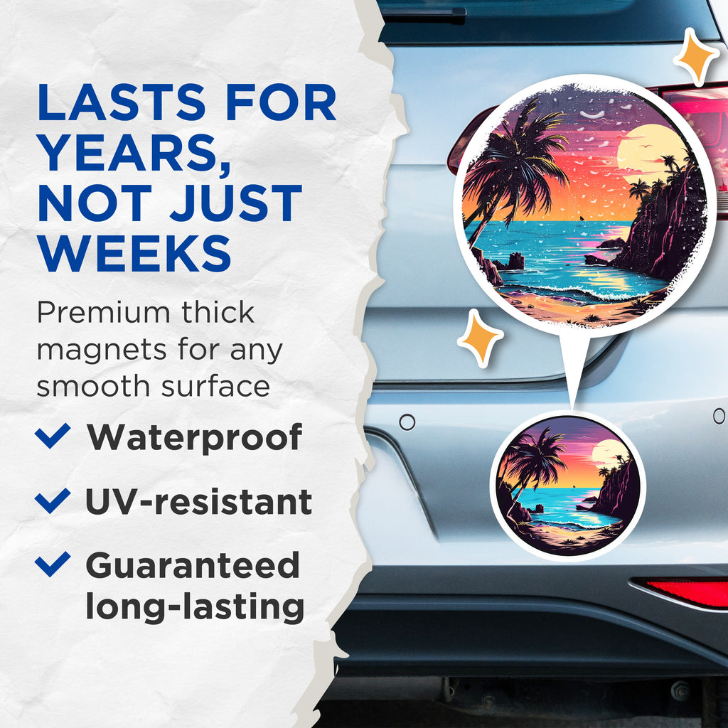 (2 Pack) Beach Sunset Magnets - Retro Tropical Scene - Synthwave Art - Vibrant Ocean View - Summer Vibe Magnets - 5 Inches On Longest Side - Thick Durable Magnet - Made in USA - MAG38768