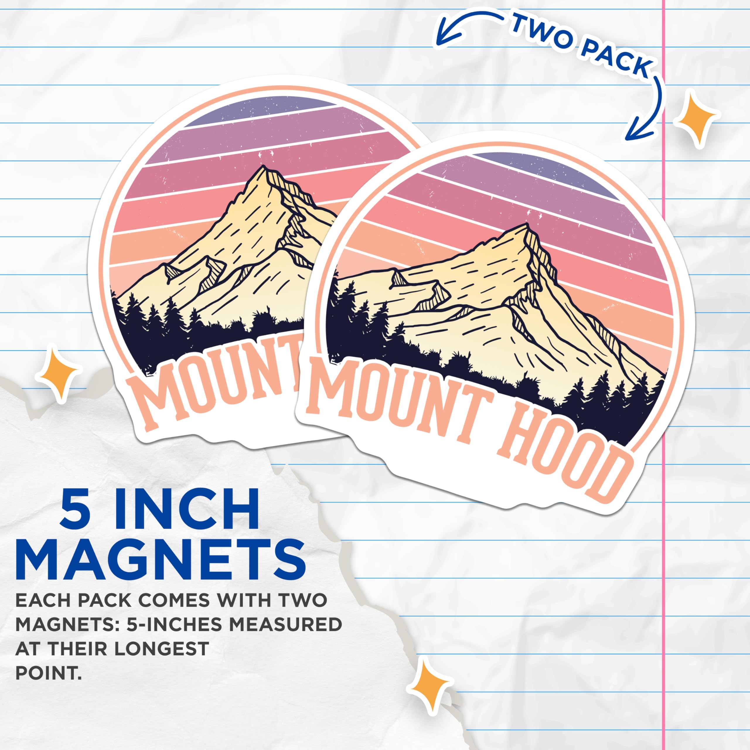 (2 Pack) Mount Hood Magnets - Oregon Adventure Decor - Mountain Scene Refrigerator Magnets - 5" On Longest Side - Premium Magnet - for Cars, Refrigerators, Toolboxes, Lockers - Made in USA - MAG18153