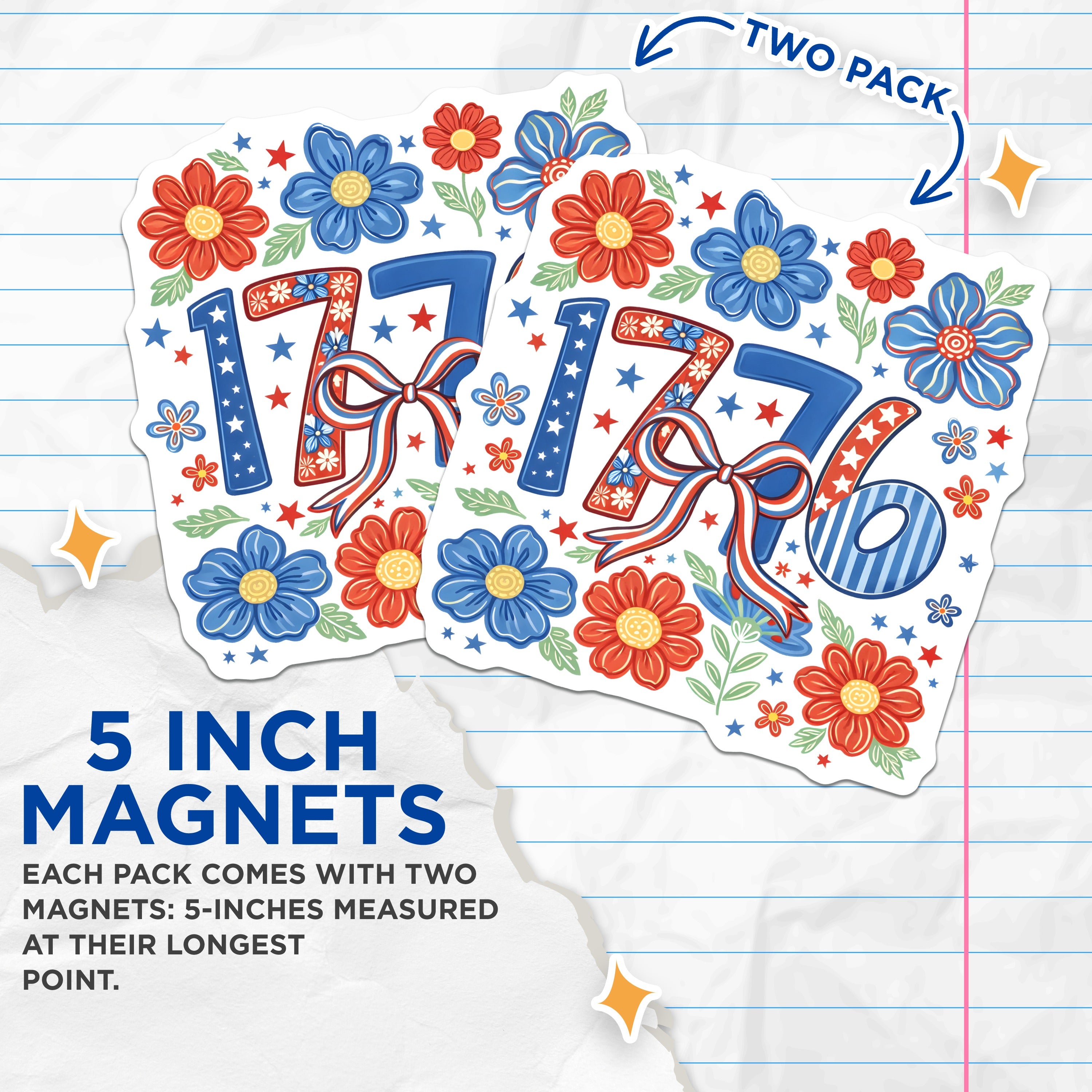 (2 Pack) 1776 Magnets - Patriotic Refrigerator Decor - Fourth of July USA Pride - 5 Inches On Longest Side - Thick Durable Magnet - Made in USA - MAG36183