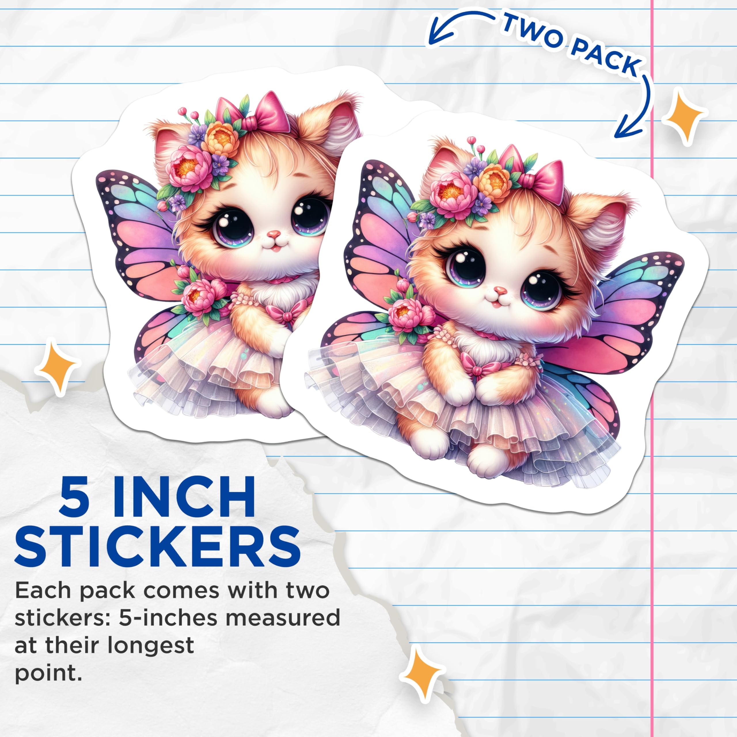 (2 Pack) Chibi Fairy Cat Stickers - Kawaii Butterfly Kitten - Whimsical Fantasy Decor - 5" On Longest Side - Sticks to Smooth Flat Surfaces - Made in USA - BMCS20363