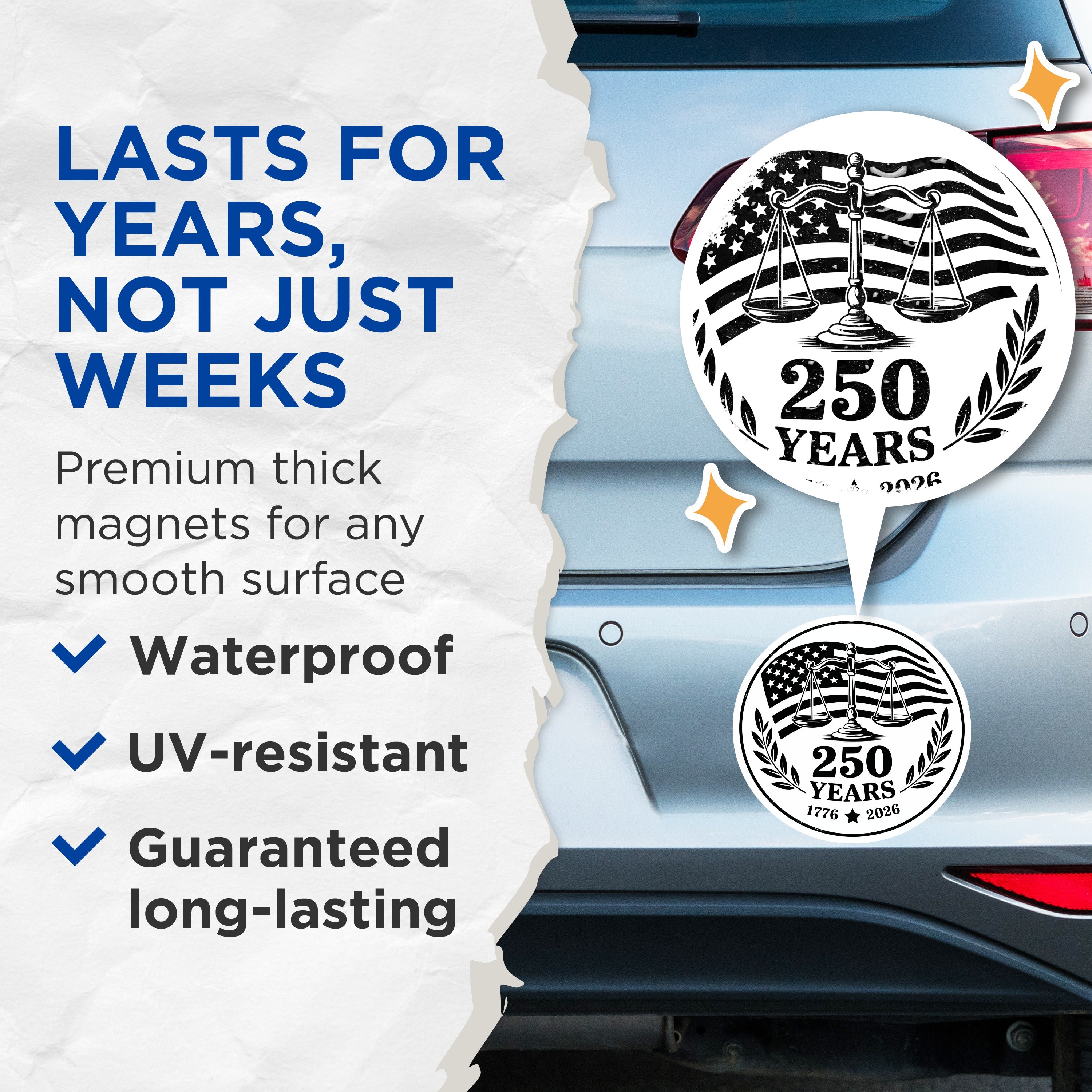 (2 Pack) 250 Years American History Magnets - Scales of Justice - Patriotic Commemorative Law Decor - 5 Inches On Longest Side - Thick Durable Magnet - Made in USA - MAG37890