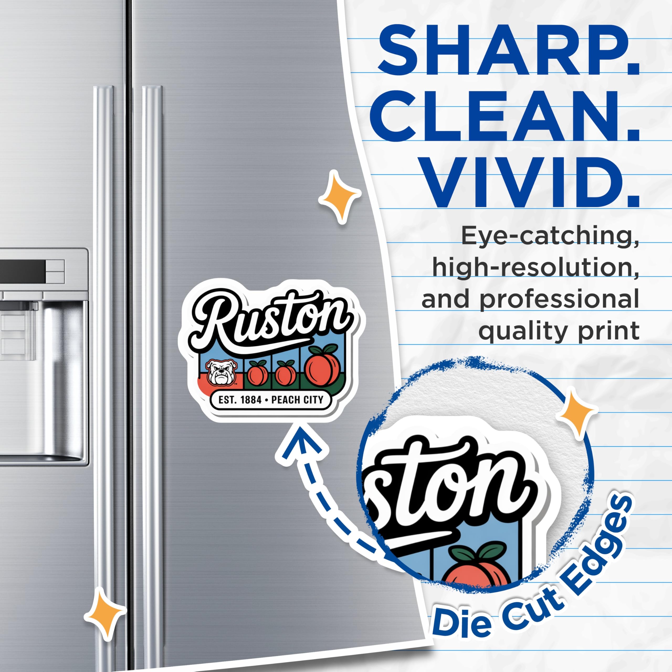(2 Pack) Ruston Magnets - Peach City - Bulldog Mascot Refrigerator Magnets - 5" On Longest Side - Premium Magnet - for Cars, Refrigerators, Toolboxes, Lockers - Made in USA - MAG17334