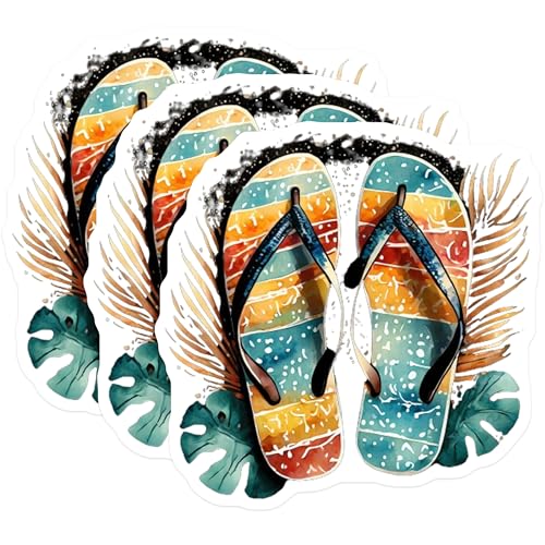 (3 Pack) Flip Flops Decals - Beach Sandals Art - Tropical Palm Leaf Decals - 3 Inches On Longest Side - Easy Peel & Apply - Made in USA - 3MCS8087