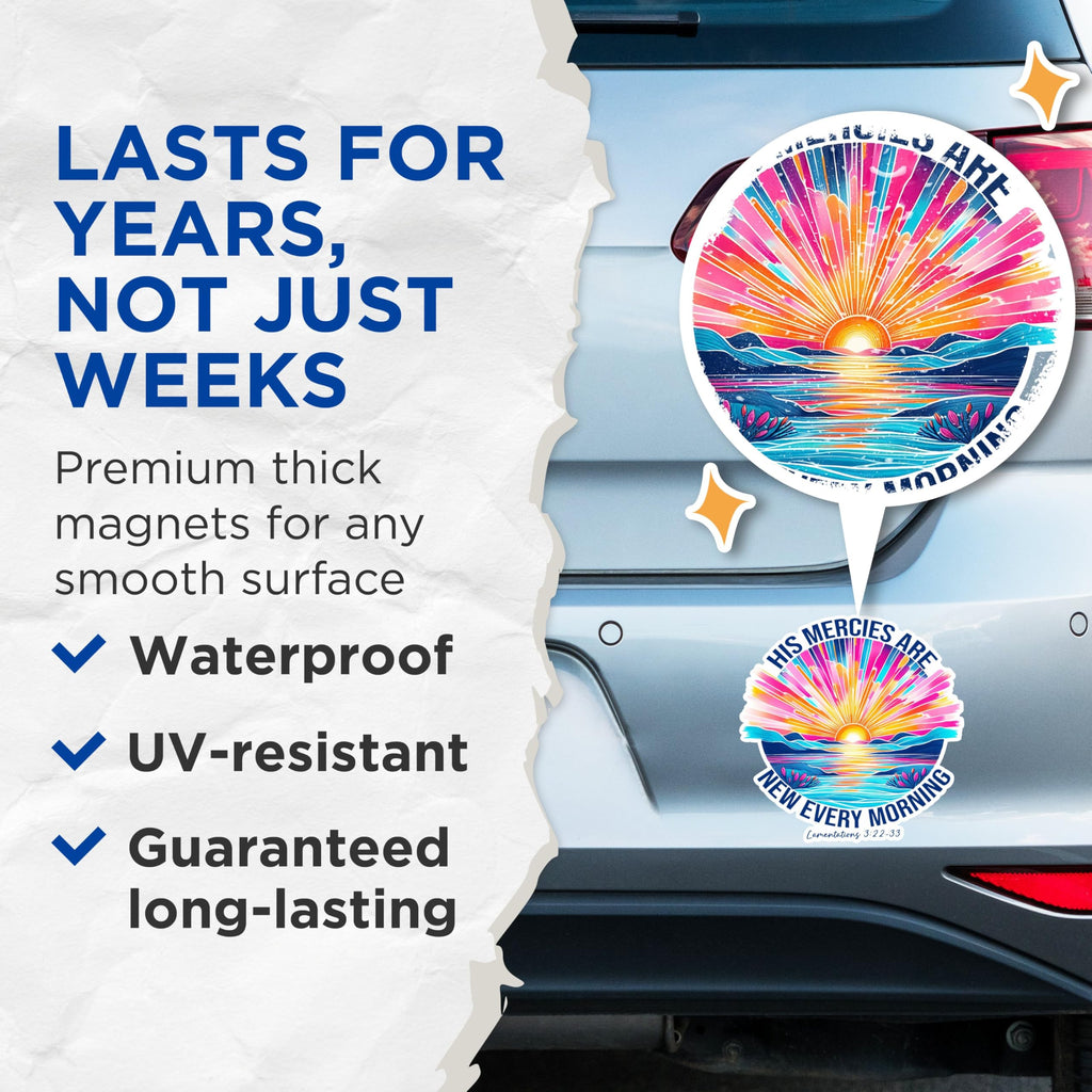 (2 Pack) Inspirational Quote Magnets - His Mercies are New Every Morning Magnets - Bible Verse Magnets - Sun and Sea Magnets- 5" On Longest Side - for Fridges, Toolboxes, Cars - Made in USA - MAG2825