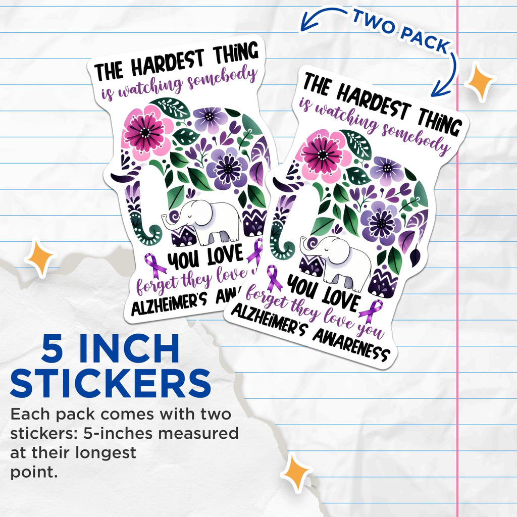 (2 Pack) Alzheimer's Awareness Stickers - Memory Loss Support - Inspirational Elephant Decal - 5" On Longest Side - Sticks to Smooth Flat Surfaces - Made in USA - BMCS9780