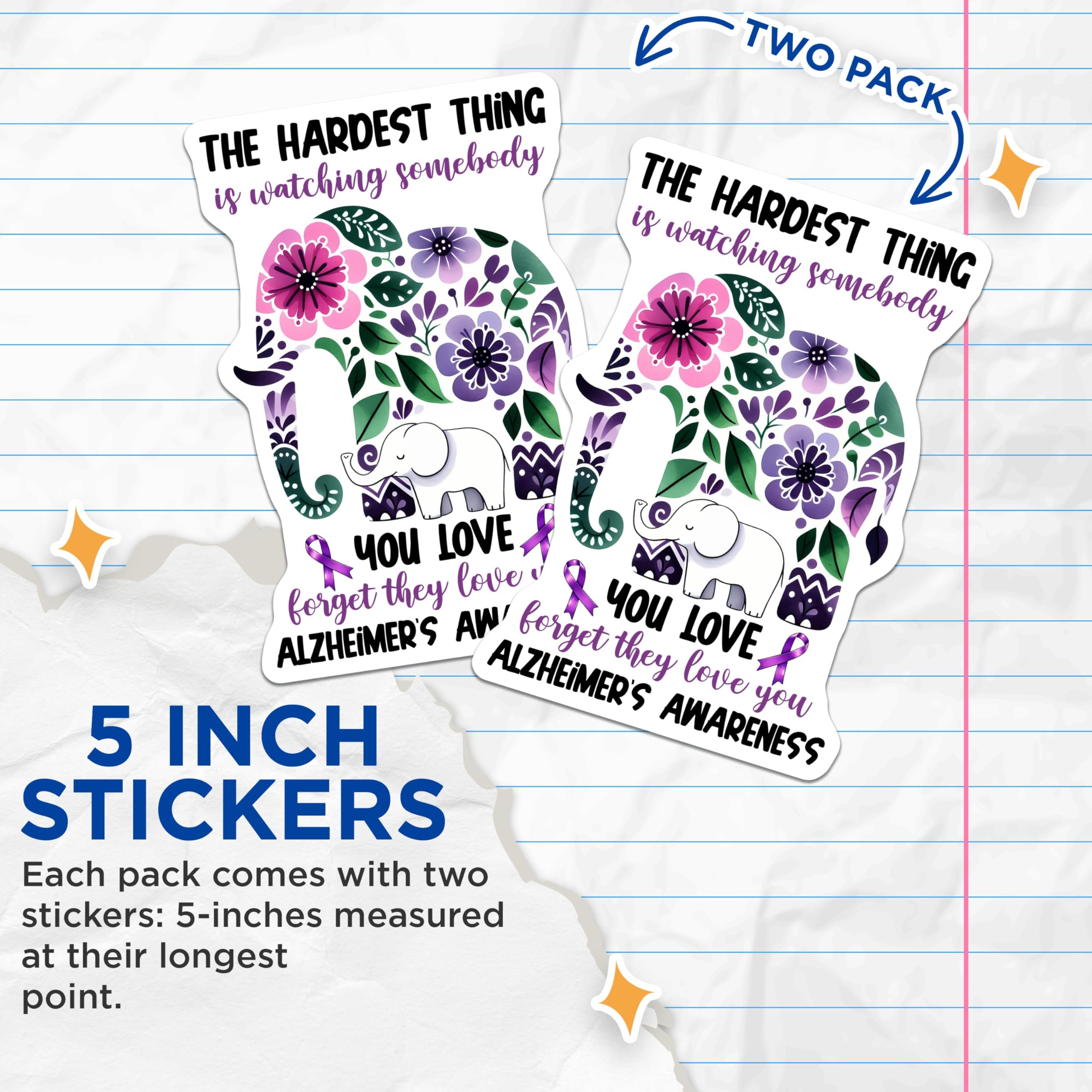 (2 Pack) Alzheimer's Awareness Stickers - Memory Loss Support - Inspirational Elephant Decal - 5" On Longest Side - Sticks to Smooth Flat Surfaces - Made in USA - BMCS9780