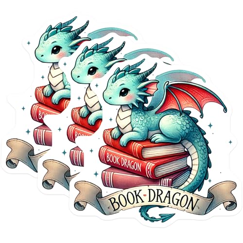 (3 Pack) Book Dragon Decals - Cute Dragon - Book Lover - Laptop Decal - 3 Inches On Longest Side - Easy Peel & Apply - Made in USA - 3MCS6030