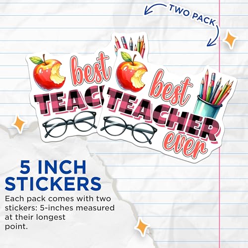 (2 Pack) Best Teacher Ever Stickers - Teacher Appreciation Gift - School Supplies - Classroom Decor - 5" On Longest Side - Sticks to Smooth Flat Surfaces - Made in USA - BMCS8035