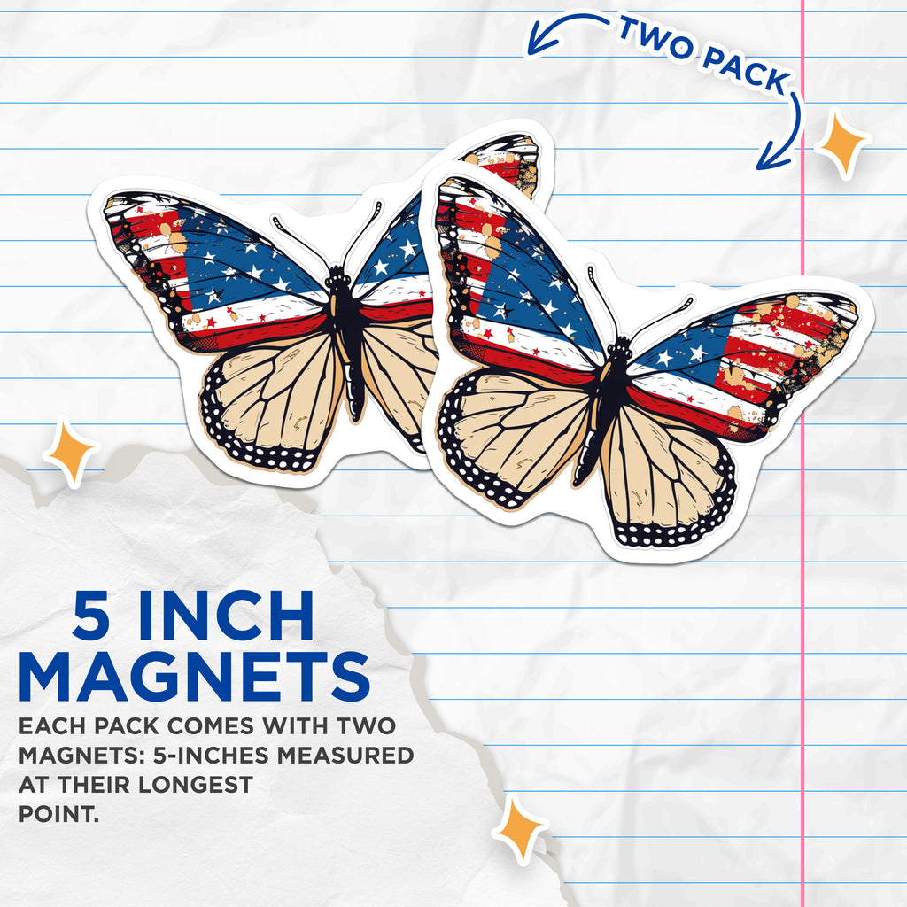 (2 Pack) American Flag Butterfly Magnets - Patriotic Monarch Decor - Distressed US Flag Pride - Independence Day Fridge Accent - 5" - Durable Magnet - Made in USA - MAG37458