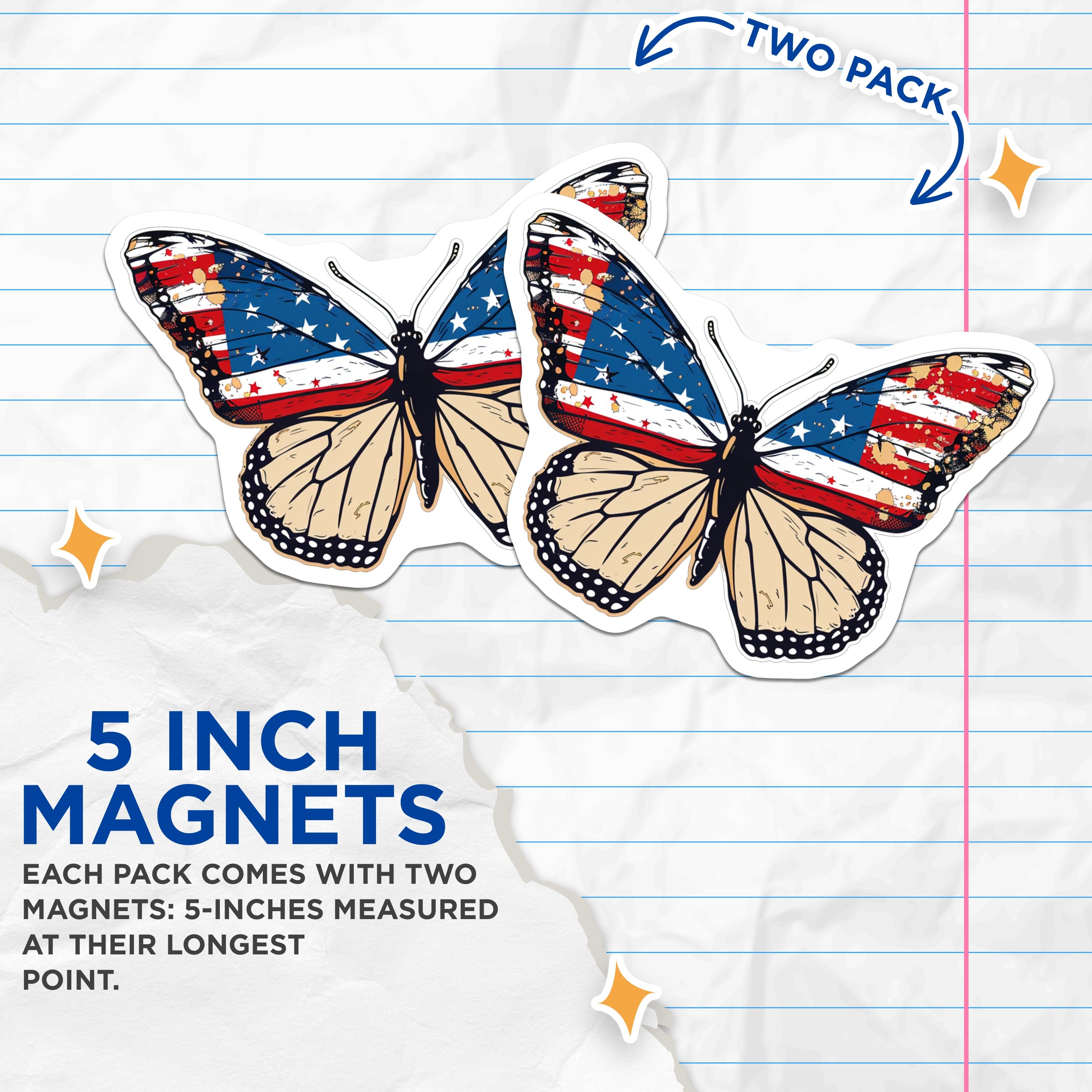 (2 Pack) American Flag Butterfly Magnets - Patriotic Monarch Decor - Distressed US Flag Pride - Independence Day Fridge Accent - 5" - Durable Magnet - Made in USA - MAG37458