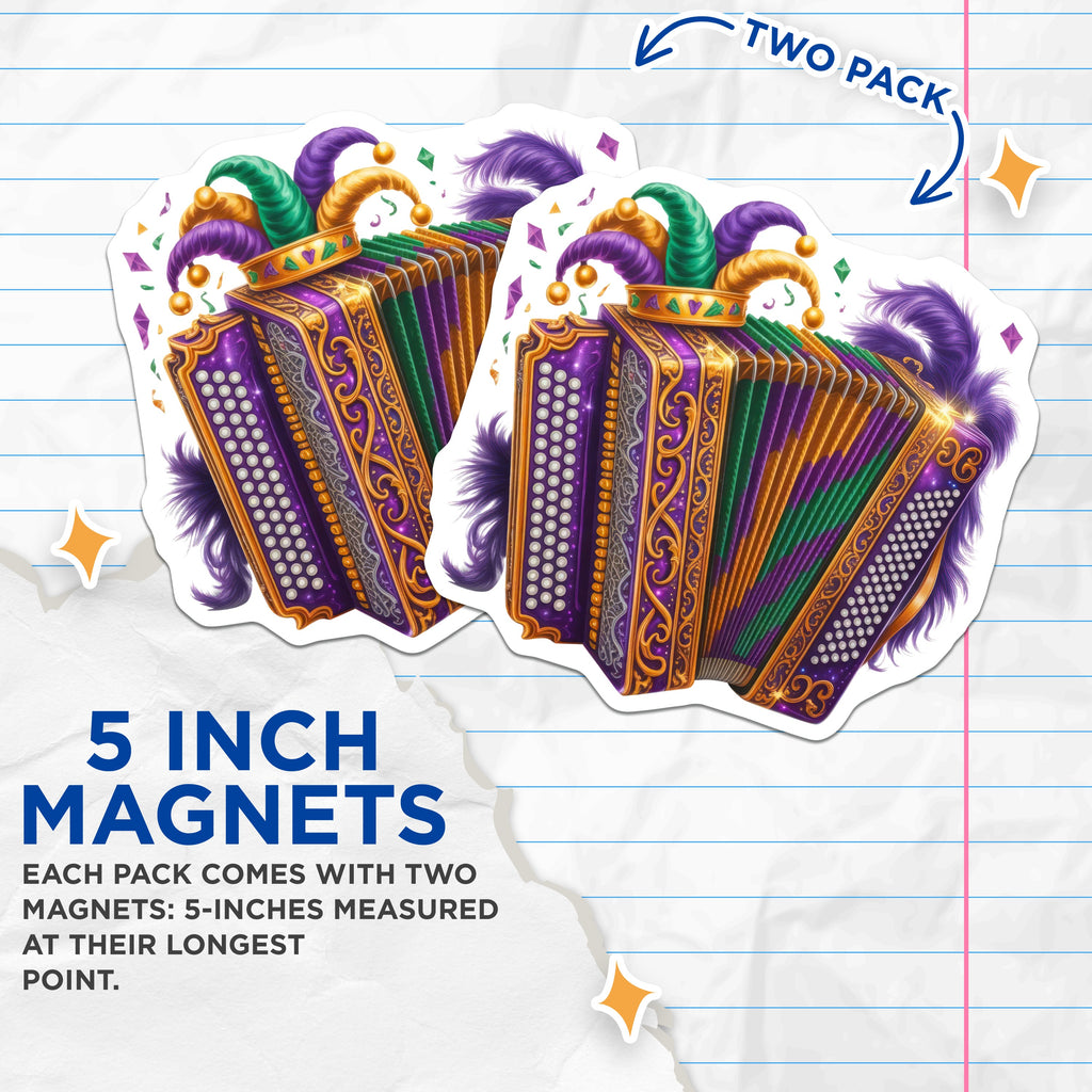 (2 Pack) Mardi Gras Accordion Magnets - Festive New Orleans Decor - Jester Hat Carnival Music Instrument - 5 Inches On Longest Side - Thick Durable Magnet - Made in USA - MAG38308