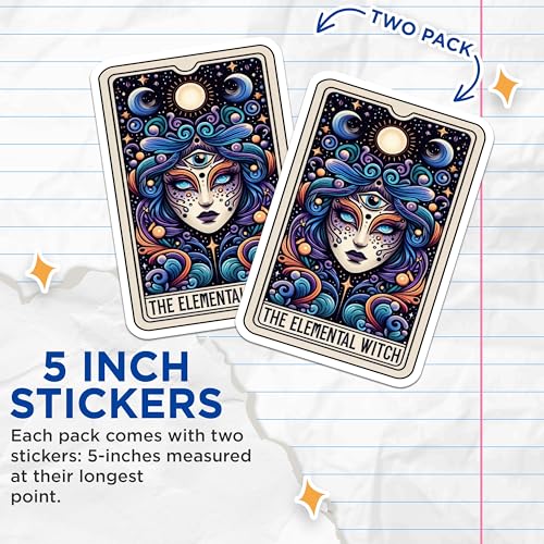 (2 Pack) Elemental Witch Stickers - Third Eye Art Stickers - Mystical Moon Stickers - 5" On Longest Side - Sticks to Smooth Flat Surfaces - Made in USA - BMCS5400