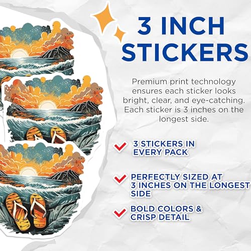 (3 Pack) Beach Scenery Decals - Flip Flops Art - Vacation Vibes Stickers - 3 Inches On Longest Side - Easy Peel & Apply - Made in USA - 3MCS8086