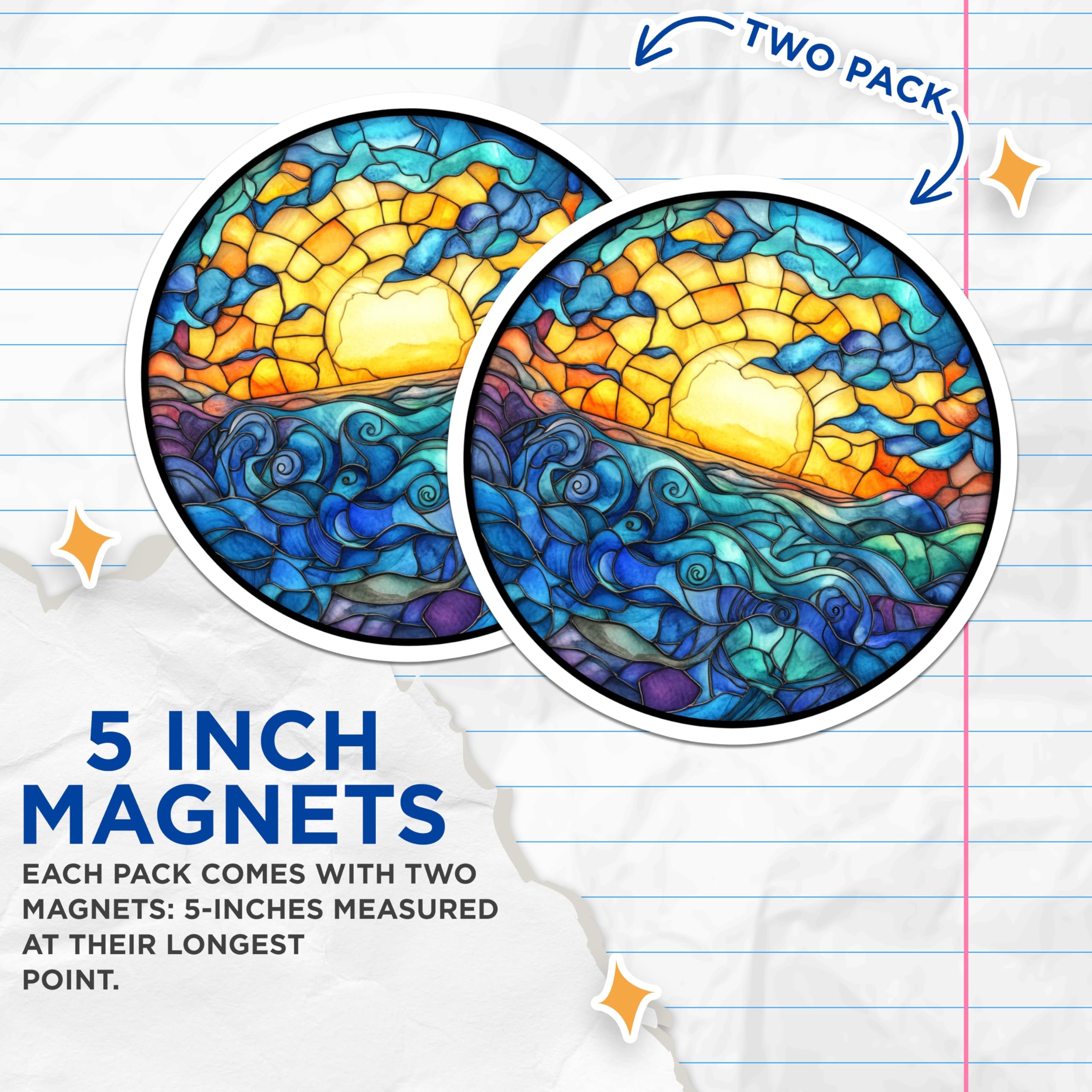 (2 Pack) Stained Glass Ocean Sunset Magnets - Faux Stained Glass Art - Coastal Decor Refrigerator Magnets Artistic Display - 5 Inches On Longest Side - Thick Durable Magnet - Made in USA - MAG28726