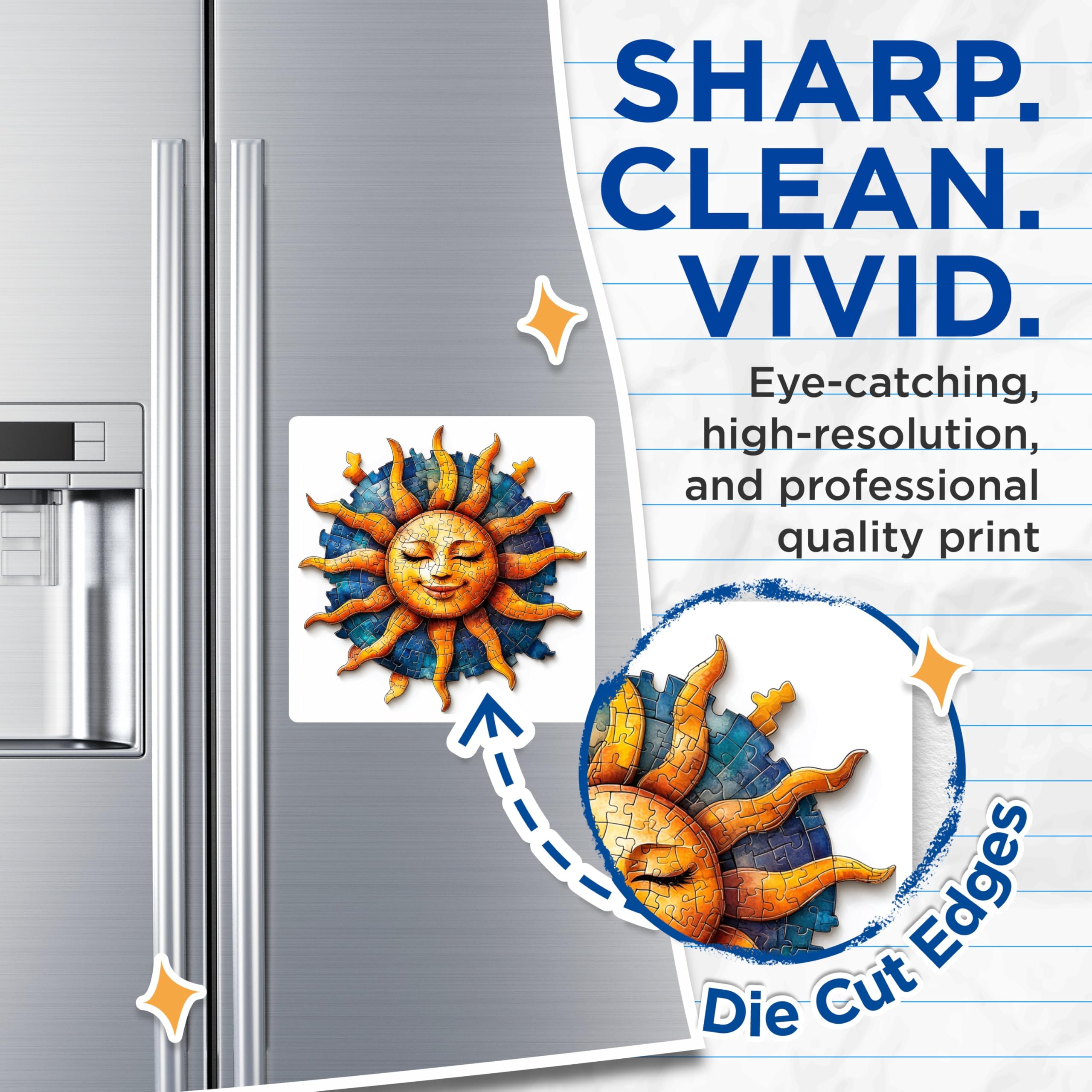 (2 Pack) Serene Jigsaw Sun Magnets - Smiling Puzzle Art Celestial Decor - Vibrant Artistic Kitchen Refrigerator Magnets - 5 Inches On Longest Side - Thick Durable Magnet - Made in USA - MAG24076