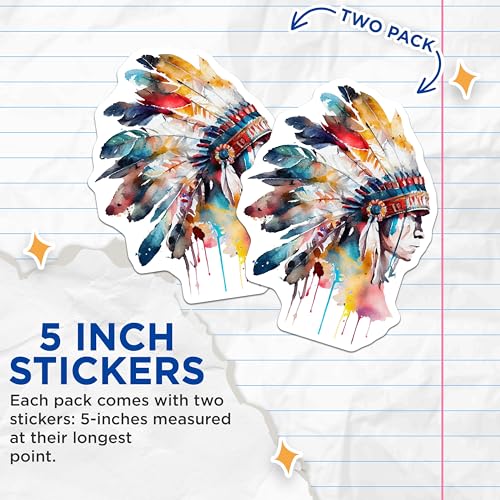 (2 Pack) Native American Chief Stickers - Indigenous Art - Watercolor Tribal Headdress - 5" On Longest Side - Sticks to Smooth Flat Surfaces - Made in USA - BMCS9015