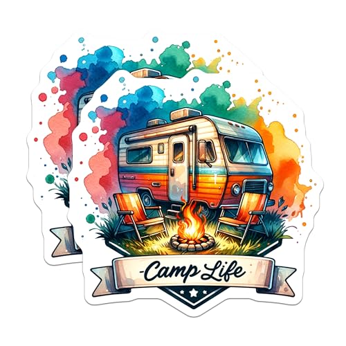 (2 Pack) Camp Life Stickers - Retro Camper - Outdoor Adventure Stickers - 5" On Longest Side - Sticks to Smooth Flat Surfaces - Made in USA - BMCS6947