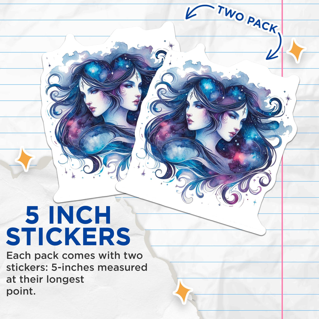(2 Pack) Gemini Zodiac Stickers - Galaxy Art - Celestial Twins Decals - 5" On Longest Side - Sticks to Smooth Flat Surfaces - Made in USA - BMCS14511