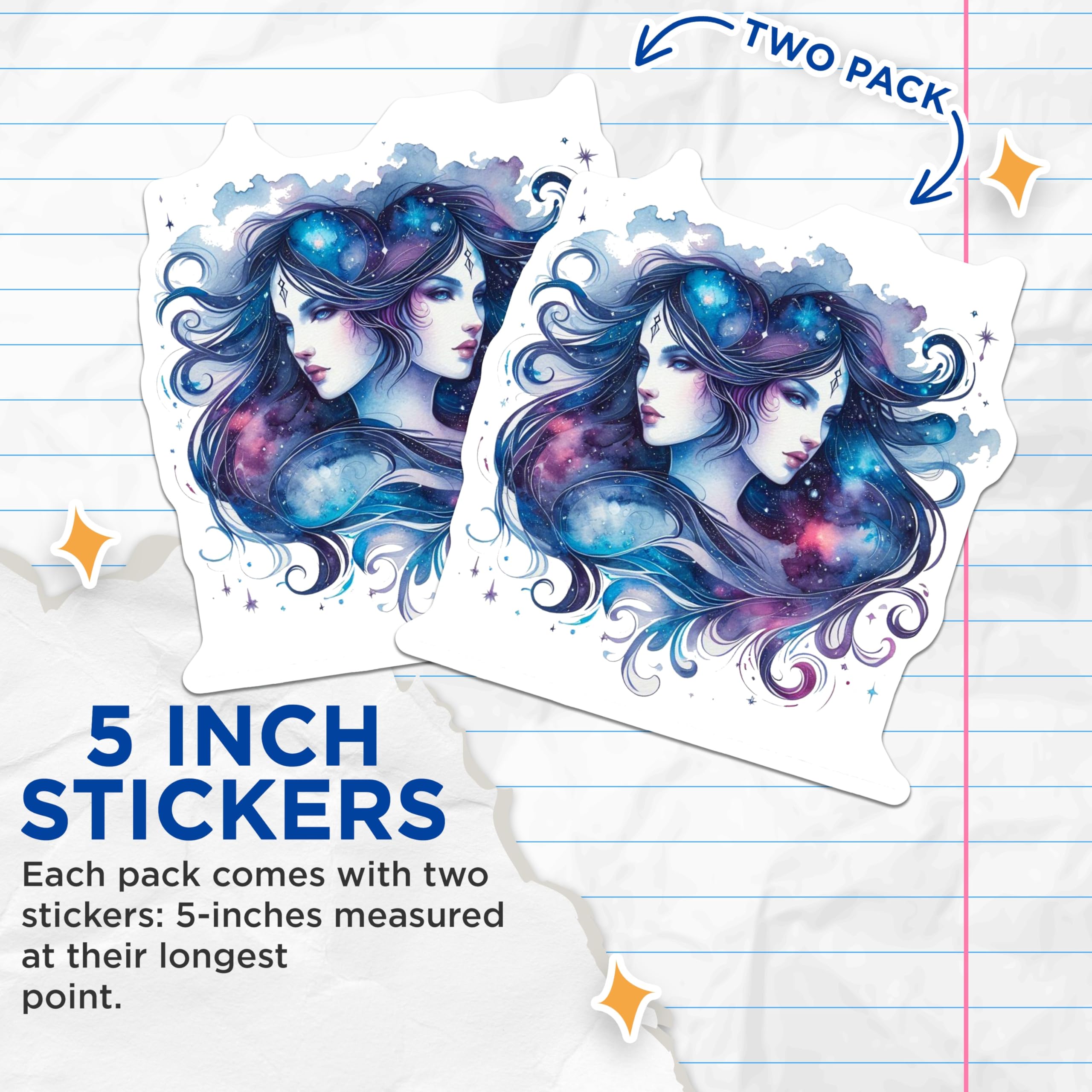 (2 Pack) Gemini Zodiac Stickers - Galaxy Art - Celestial Twins Decals - 5" On Longest Side - Sticks to Smooth Flat Surfaces - Made in USA - BMCS14511
