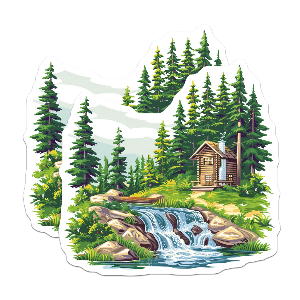 (2 Pack) Rustic Cabin Waterfall Magnets - Forest Landscape Decor - Nature Scene Art - 5 Inches On Longest Side - Thick Durable Magnet - Made in USA - MAG37885