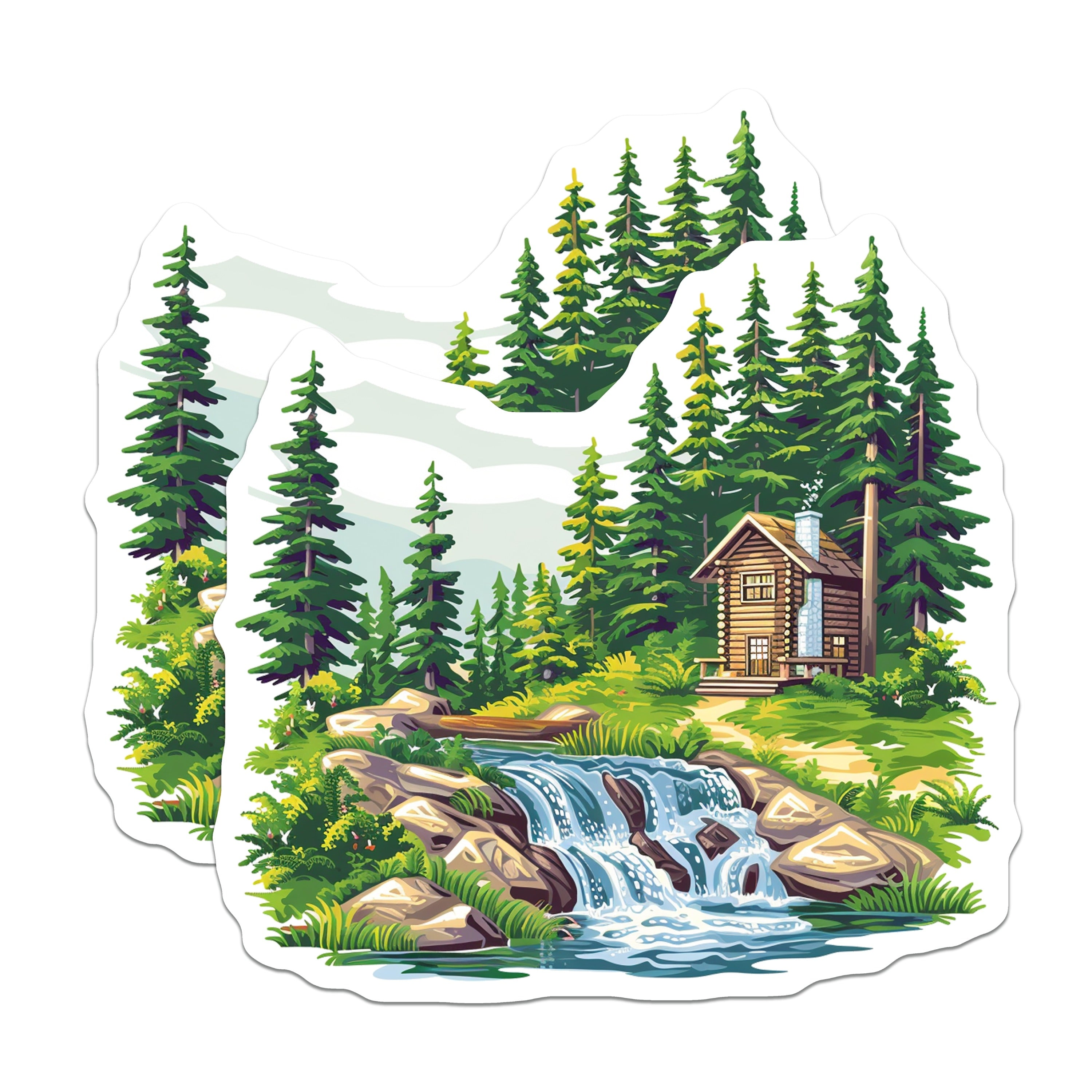 (2 Pack) Rustic Cabin Waterfall Magnets - Forest Landscape Decor - Nature Scene Art - 5 Inches On Longest Side - Thick Durable Magnet - Made in USA - MAG37885