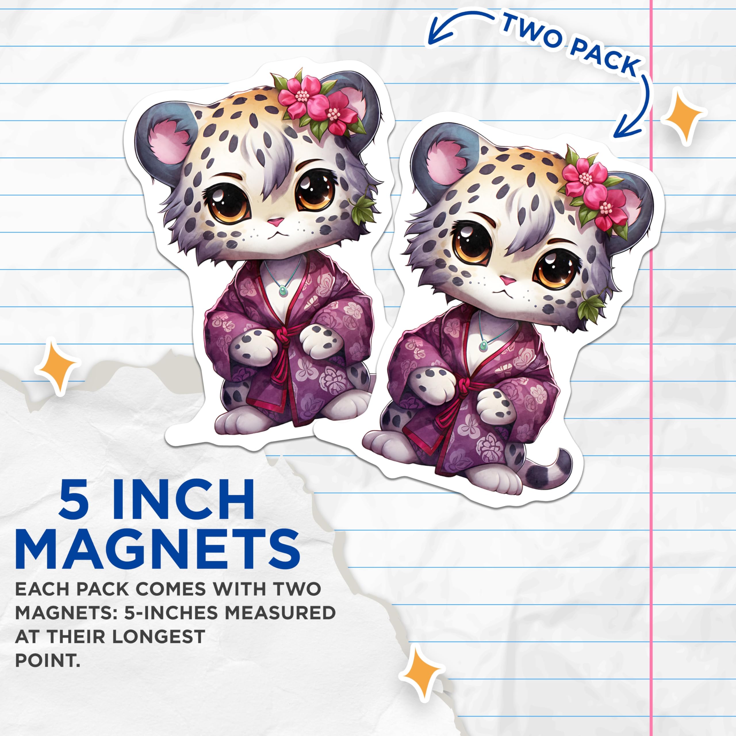 (2 Pack) Snow Leopard Magnets - Cute Animal Artwork - Fridge Decoration - 5" On Longest Side - Premium Magnet - for Cars, Refrigerators, Toolboxes, Lockers - Made in USA - MAG16891