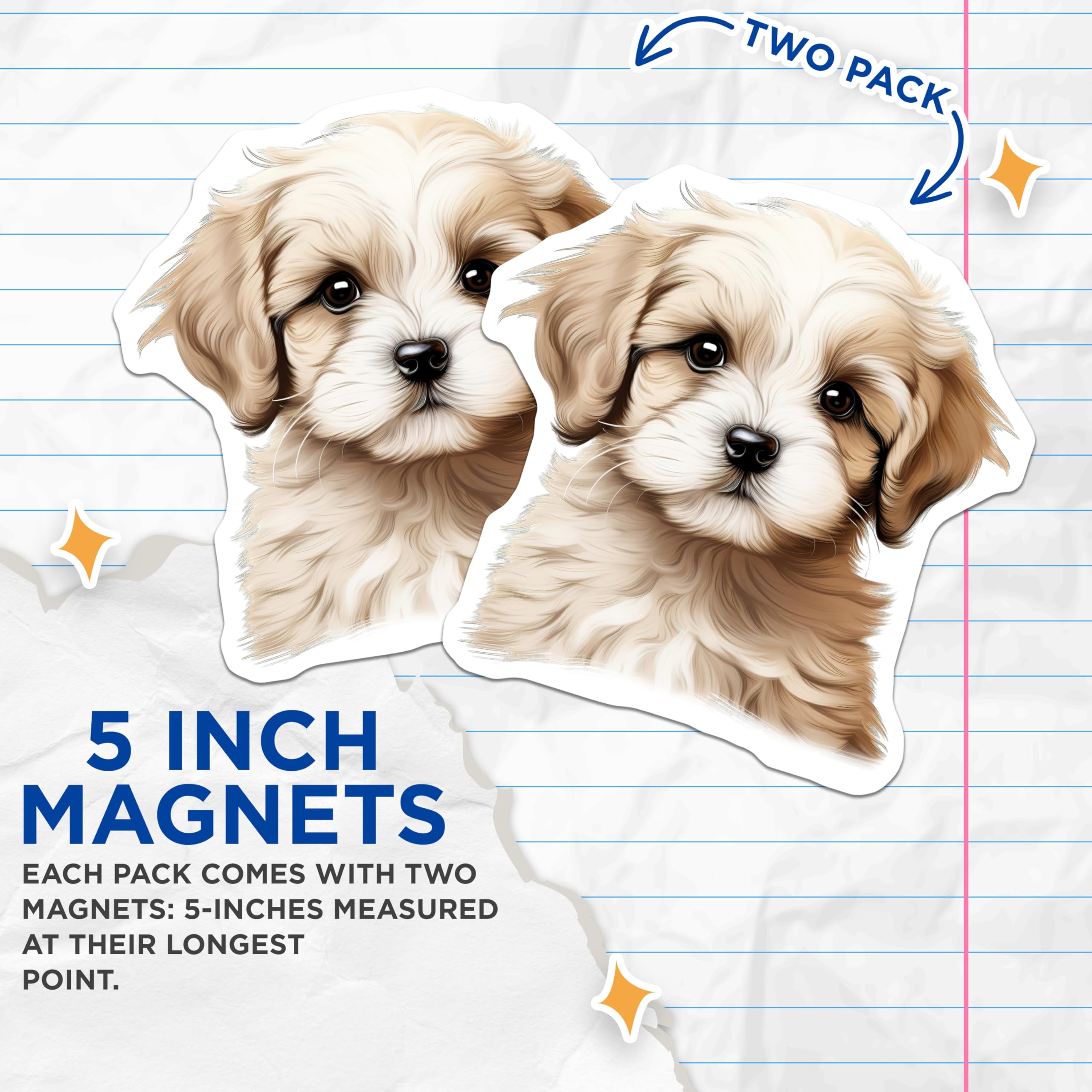 (2 Pack) Sweet Puppy Dog Magnets - Adorable Fluffy Pet Home Kitchen Refrigerator Decor - Animal Themed Display - 5 Inches On Longest Side - Thick Durable Magnet - Made in USA - MAG23440