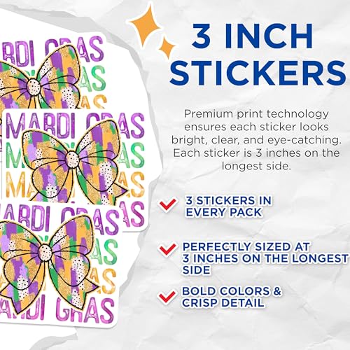 (3 Pack) Mardi Gras Bow Decals - Laptop Decals - Carnival Stickers- 3 Inches On Longest Side - Easy Peel & Apply - Made in USA - 3MCS5145