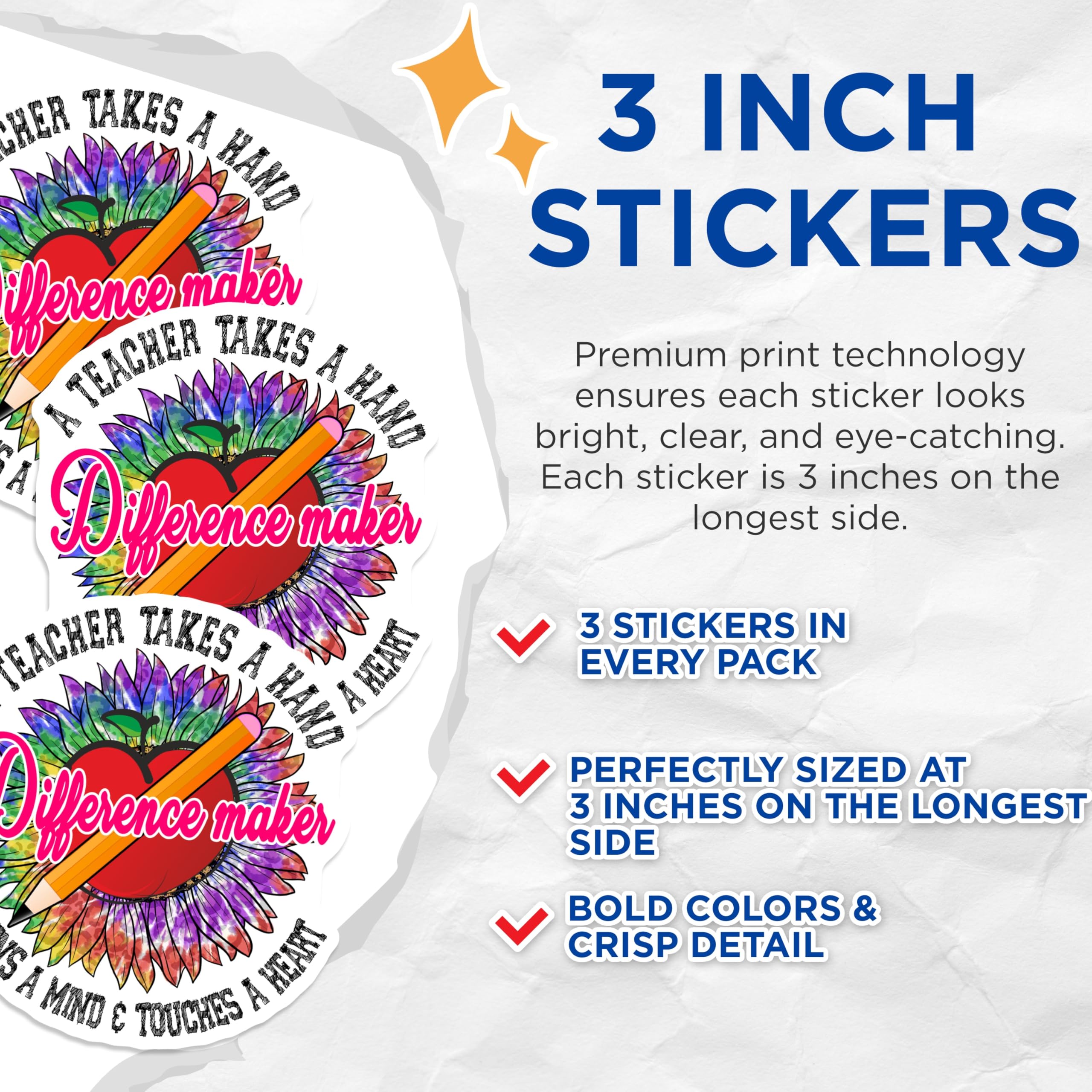 (3 Pack) Teacher Difference Maker Decals - Sunflower Apple Pencil - Educator Laptop Decals - 3 Inches On Longest Side - Easy Peel & Apply - Made in USA - 3MCS4486