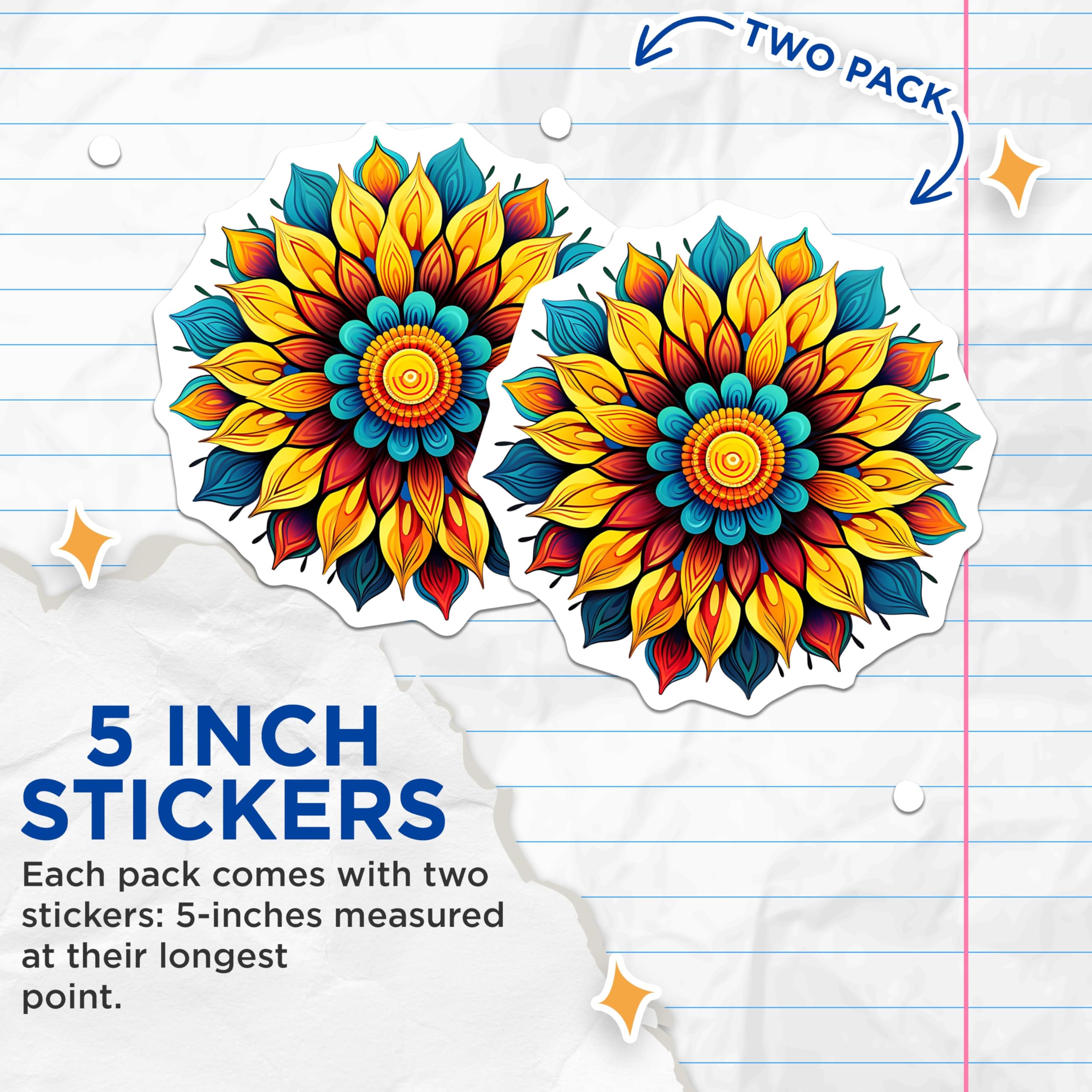(2 Pack) Vibrant Mandala Flower Stickers - Colorful Bohemian Floral Decals - Yoga Zen Spiritual Art Bloom Decor - 5" On Longest Side - Sticks to Smooth Flat Surfaces - Made in USA - BMCS21527