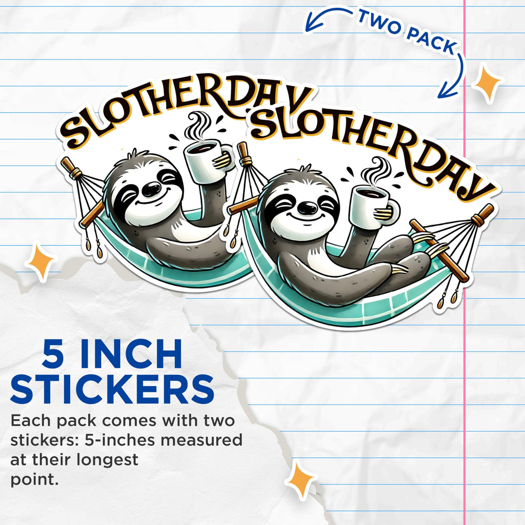 (2 Pack) Sloth Stickers - Funny Sloth Coffee Stickers - Cute Animal Stickers - 5" On Longest Side - Sticks to Any Smooth Flat Surface - Made in USA - BMCS2728