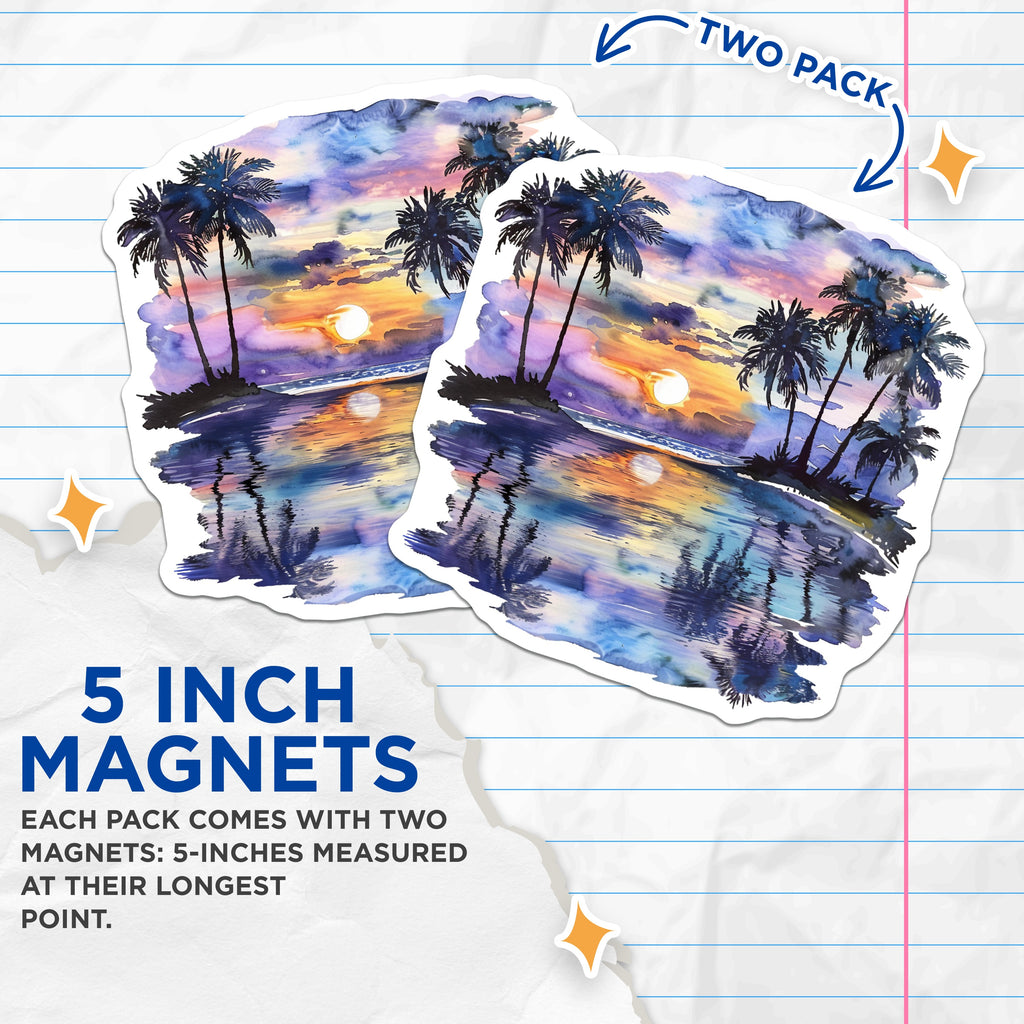 (2 Pack) Tropical Sunset Magnets - Beach Palm Tree Art - Coastal Kitchen Decor - 5 Inches On Longest Side - Thick Durable Magnet - Made in USA - MAG37620
