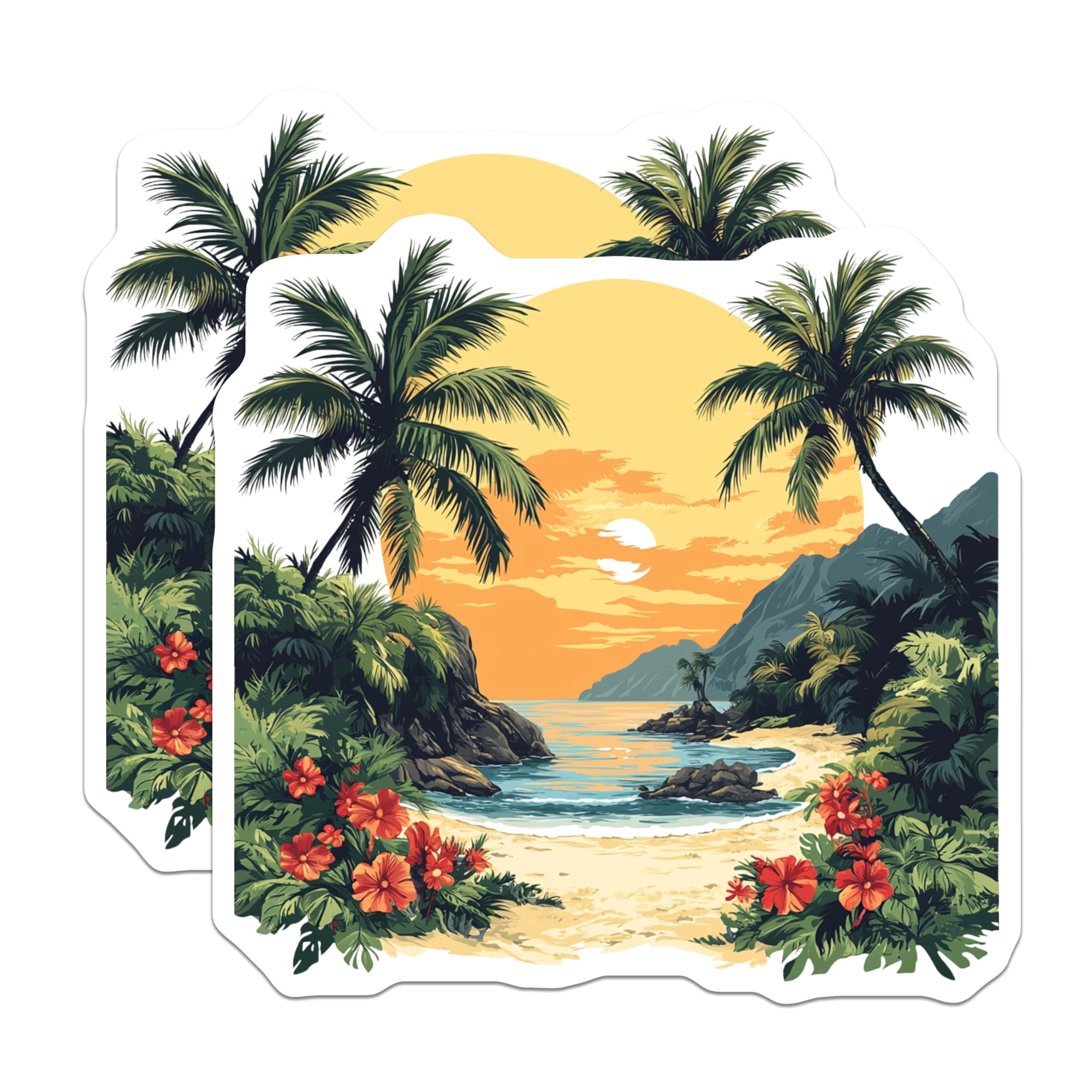 (2 Pack) Tropical Beach Sunset Magnets - Hawaiian Decor - Coastal Vibe Fridge Art - 5 Inches On Longest Side - Thick Durable Magnet - Made in USA - MAG27159