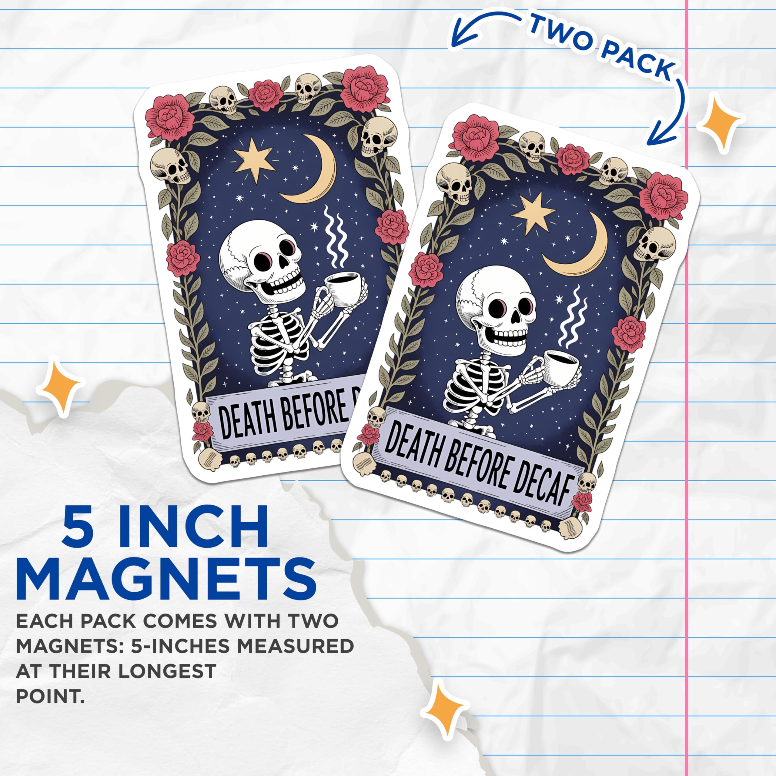 (2 Pack) Death Before Decaf Magnets - Skeleton Coffee Addict Art - Spooky Gothic Kitchen Decor - Dark Academia Fridge Magnet - 5 Inches On Longest Side - Thick Durable Magnet - Made in USA - MAG22304